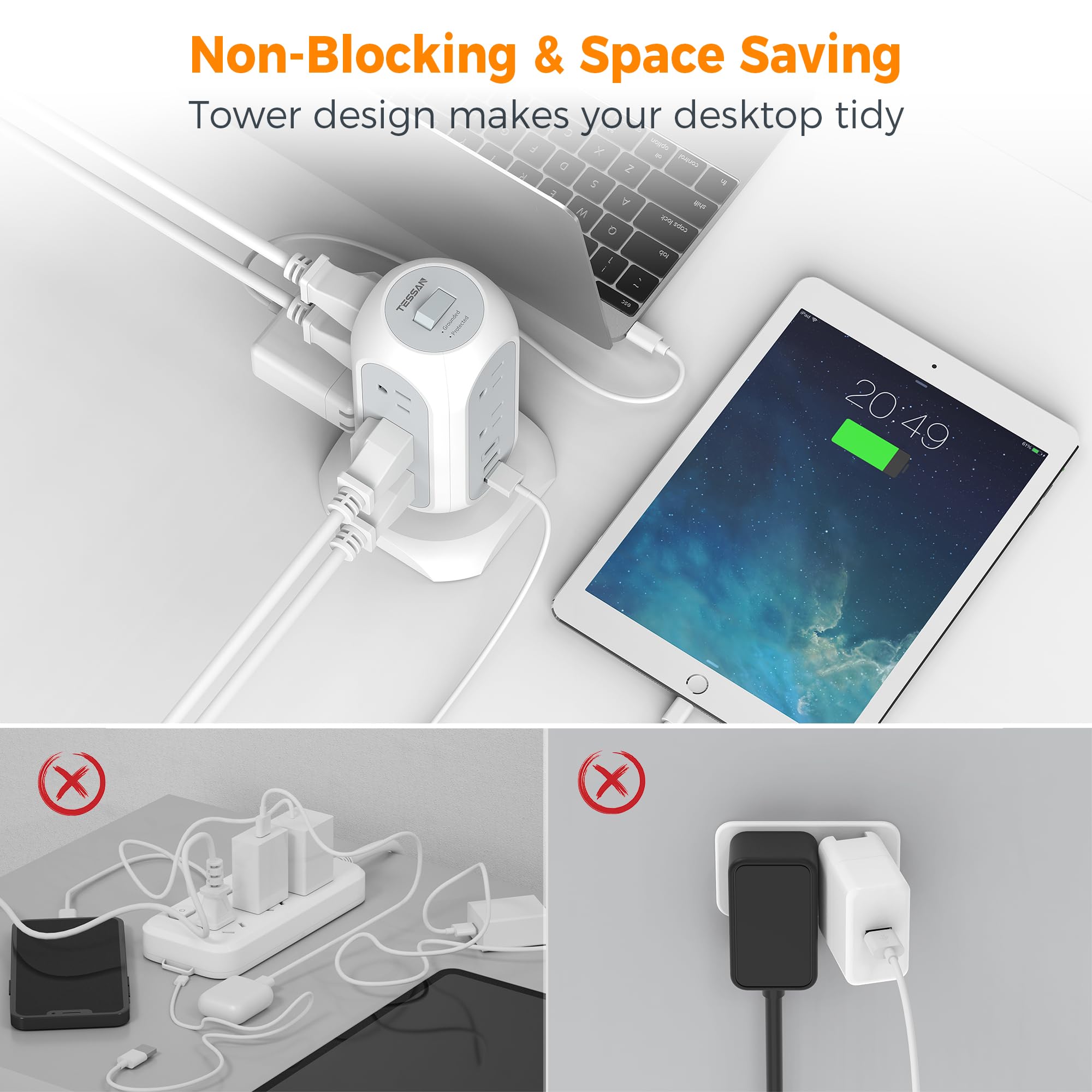 TESSAN surge protection switch and label showing safety features and easy power control