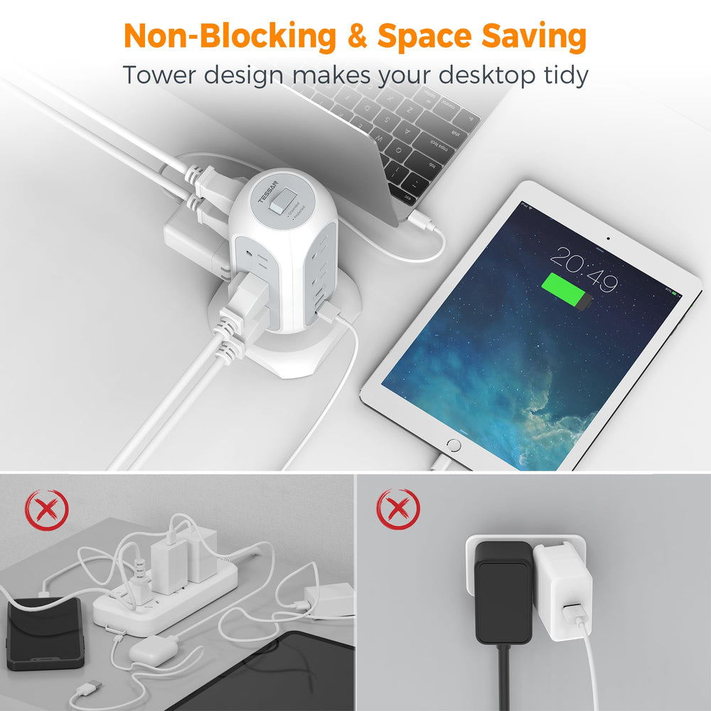 TESSAN surge protection switch and label showing safety features and easy power control