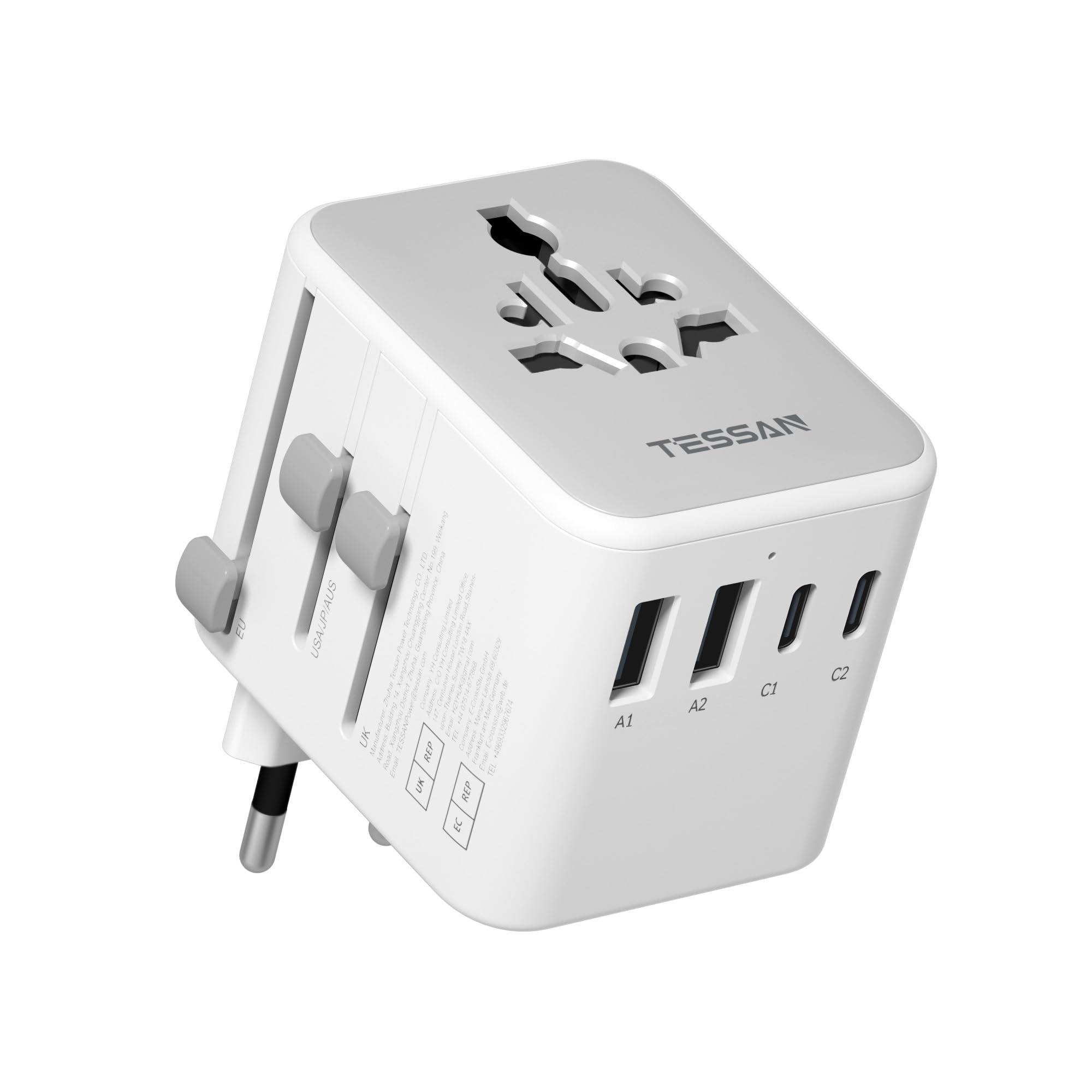 TESSAN adapter beside passport and charger in travel bag for trip readiness