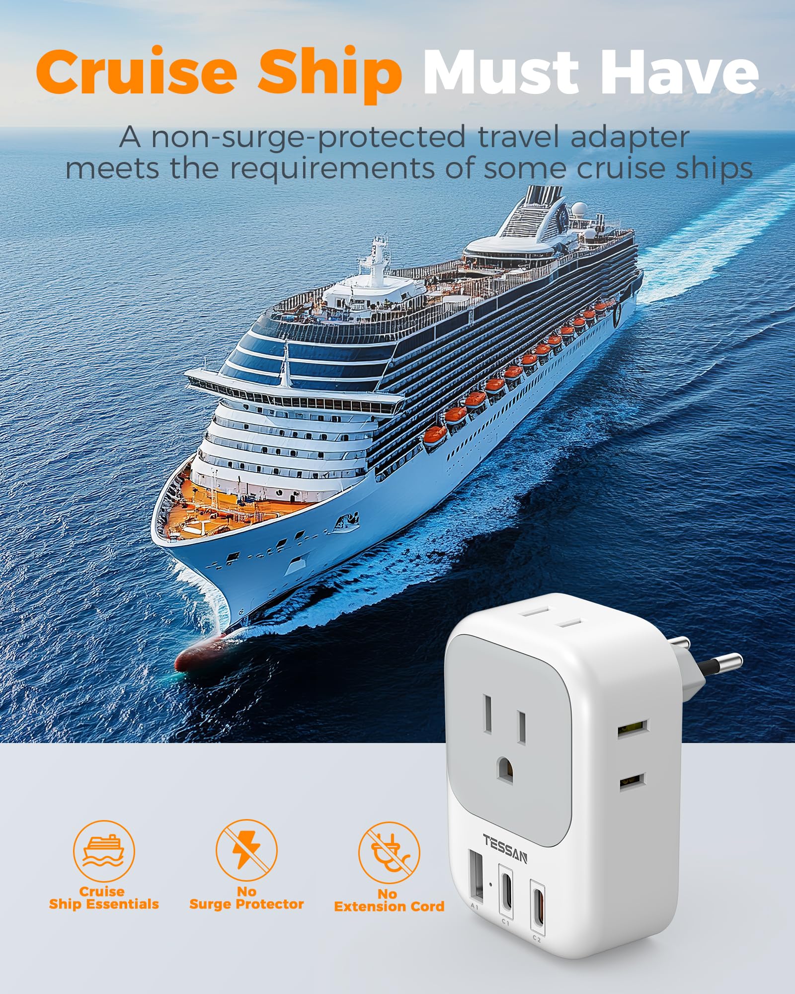 TESSAN two adapters inside a packed travel bag for backup convenience