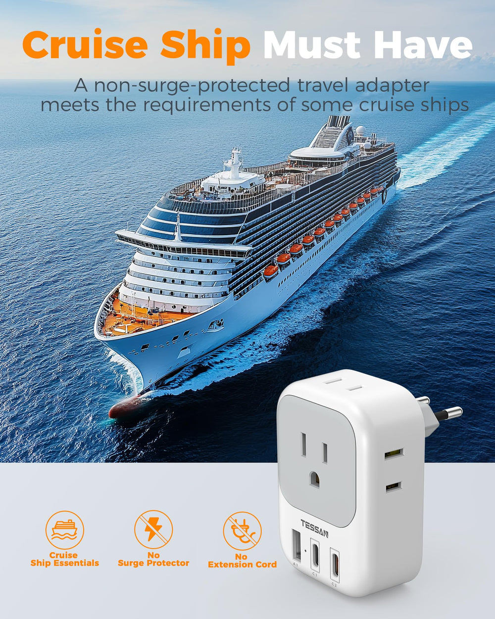 TESSAN two adapters inside a packed travel bag for backup convenience