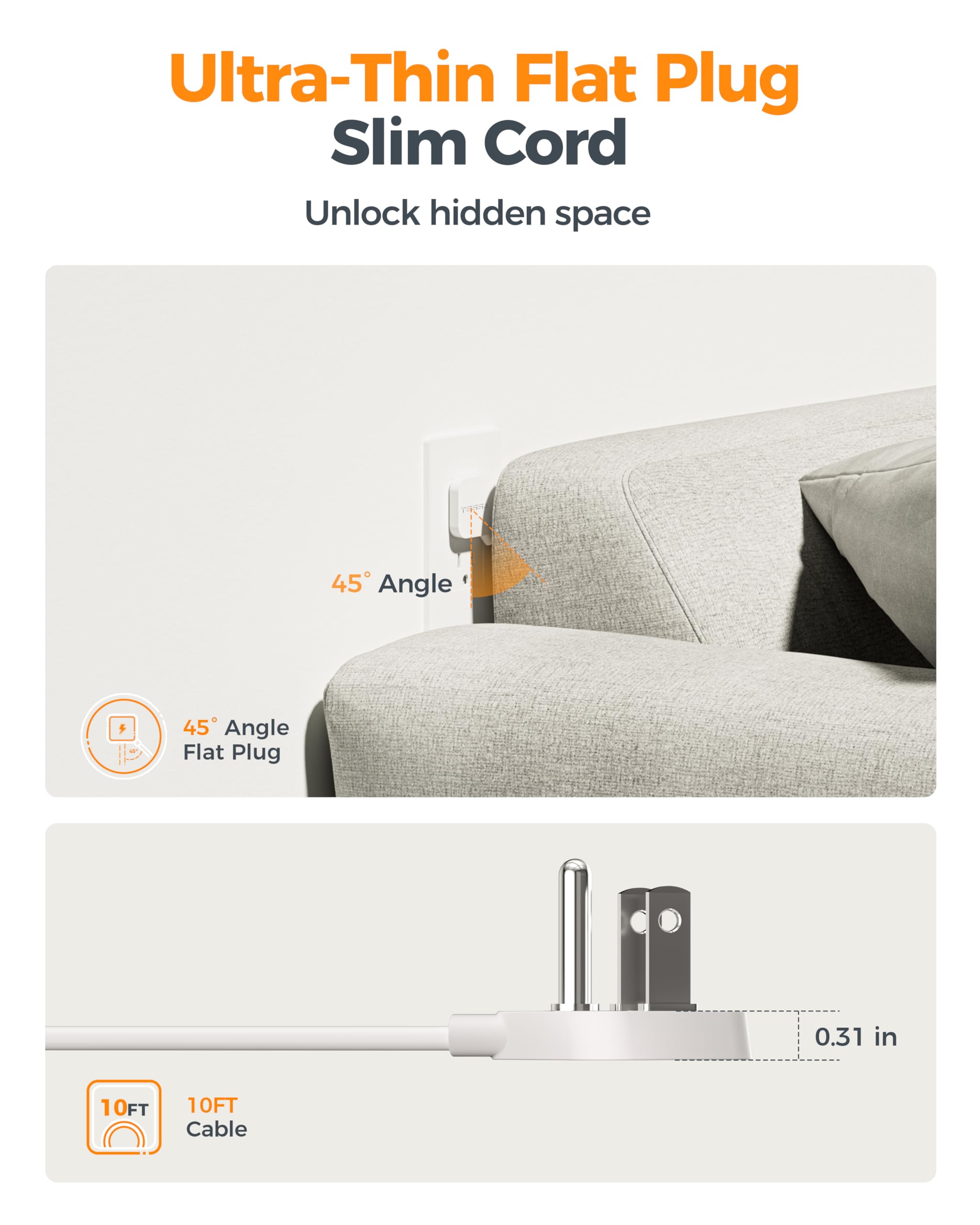 TESSAN cord routed under sofa, flat cord stays discreet and prevents bulges
