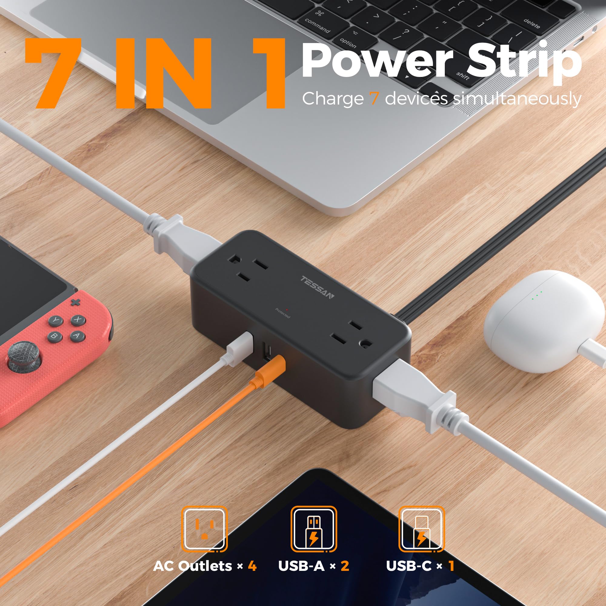 TESSAN USB ports closeup highlighting USB‑C and USB‑A for faster device charging
