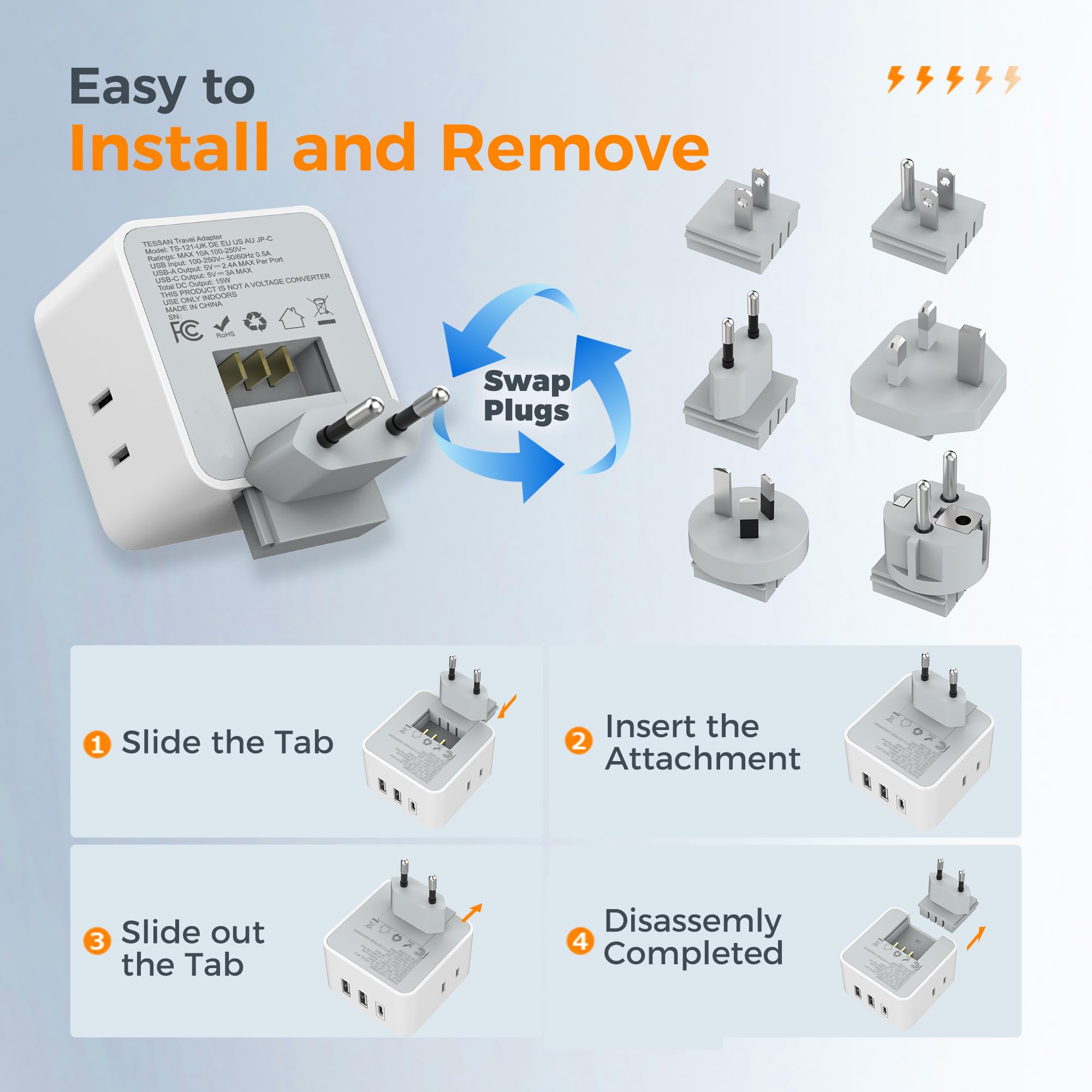 TESSAN USB ports close-up with USB-C and USB-A visible for fast device charging
