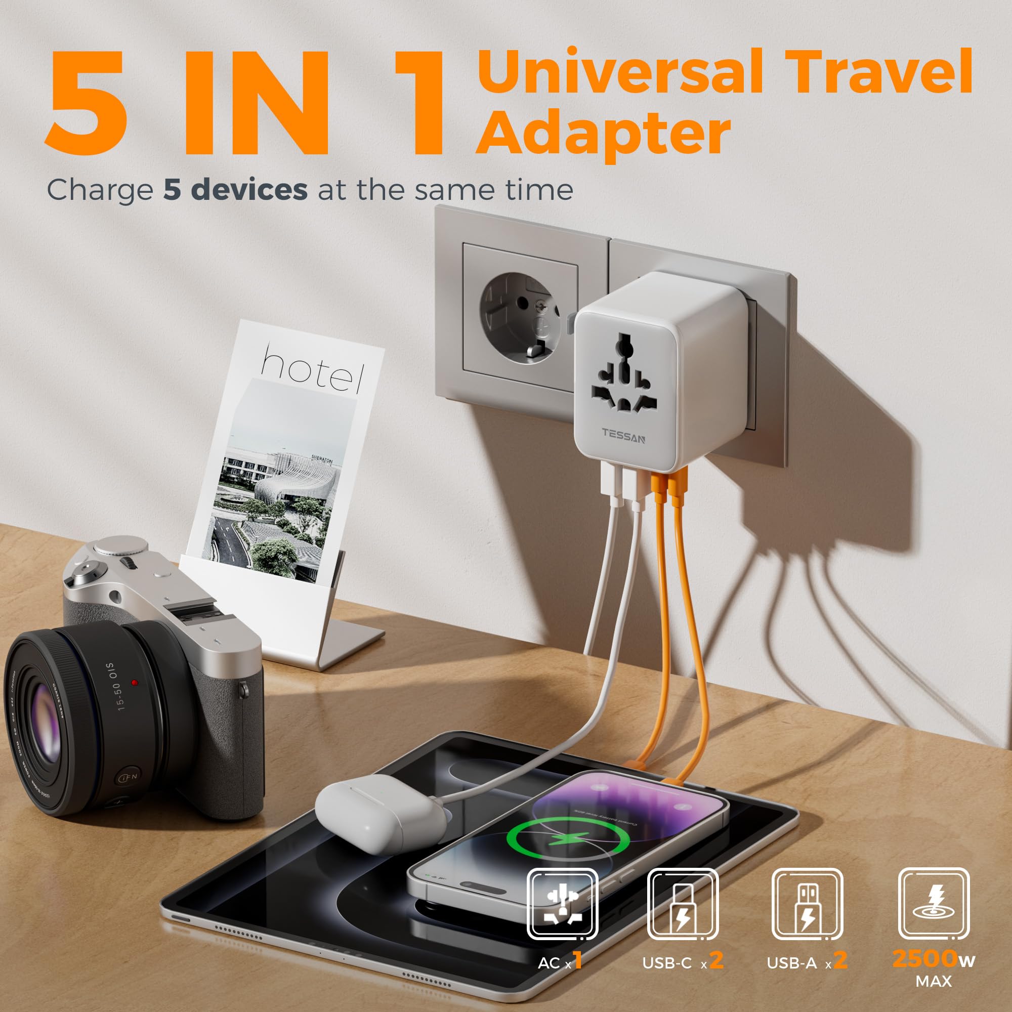 TESSAN closeup of two USB‑C and two USB‑A ports for faster charging