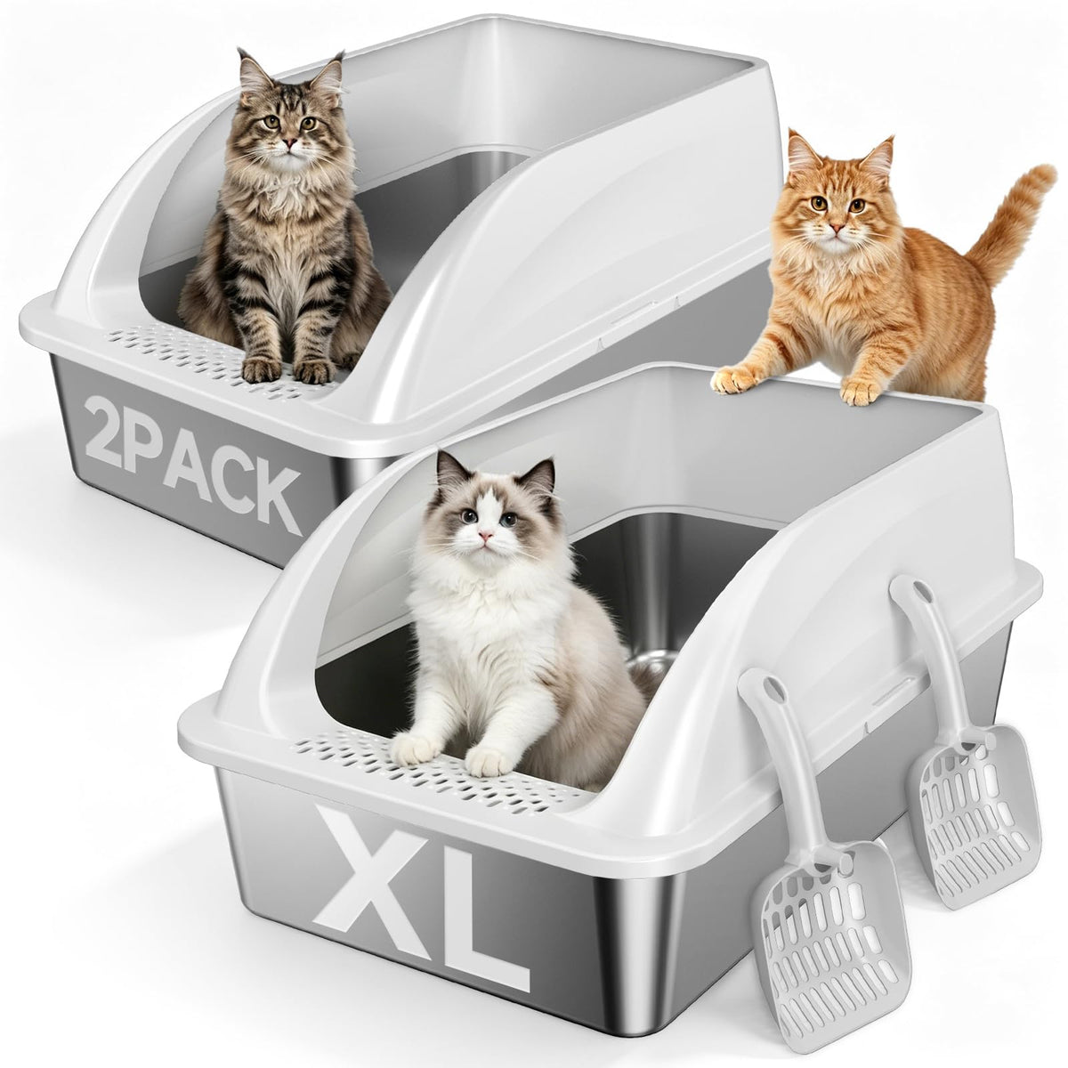 Tevila front view of XL stainless steel litter box showing roomy interior and clean edges