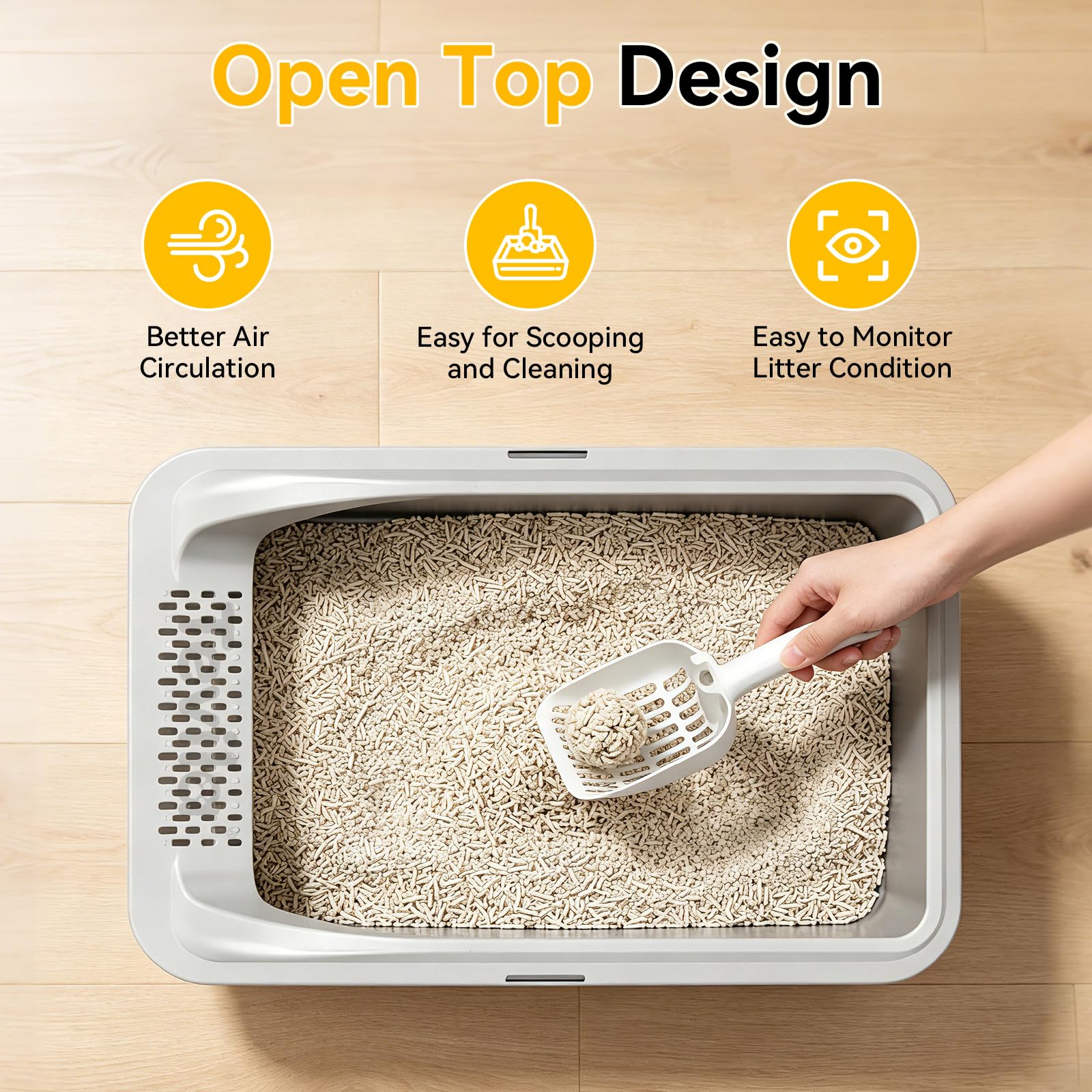 Tevila litter box beside a standard tray illustrating larger size and deeper litter capacity