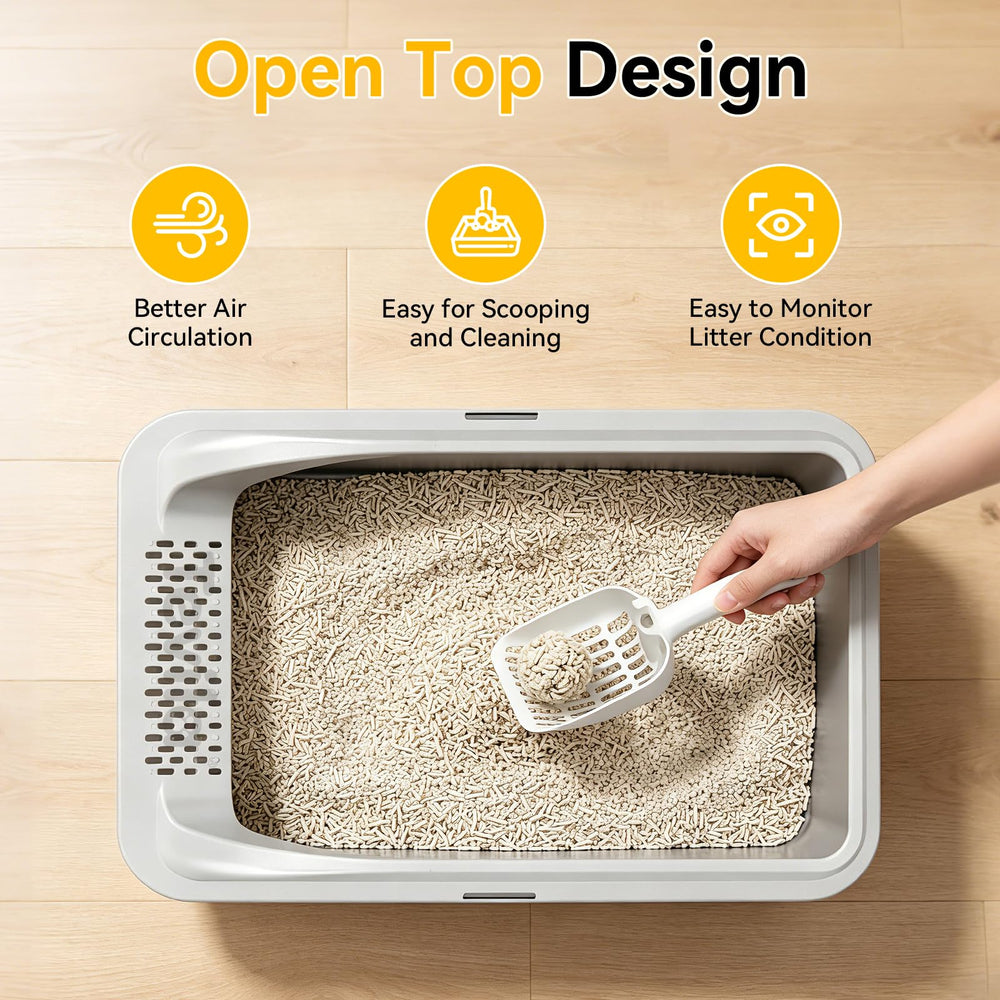 Tevila litter box beside a standard tray illustrating larger size and deeper litter capacity