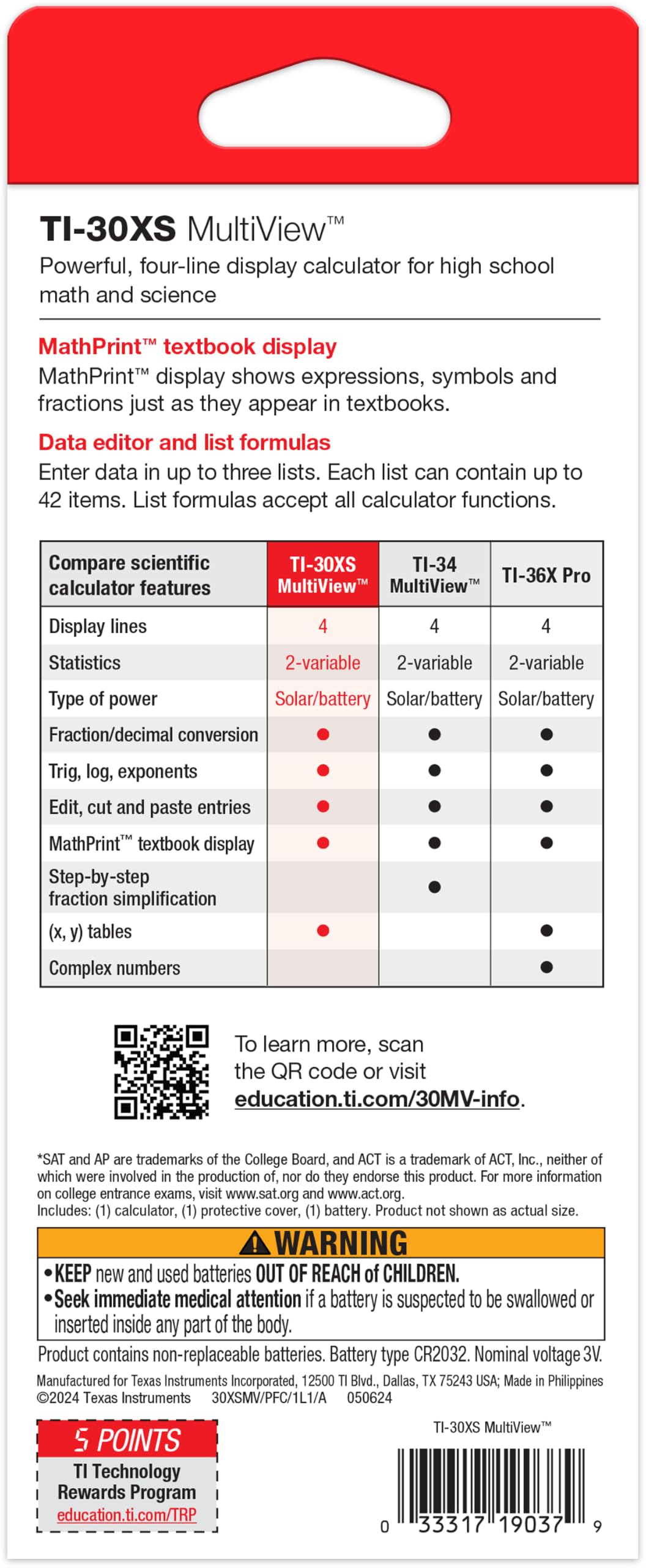 Texas Instruments TI-30XS rear label showing model details and exam-approval information