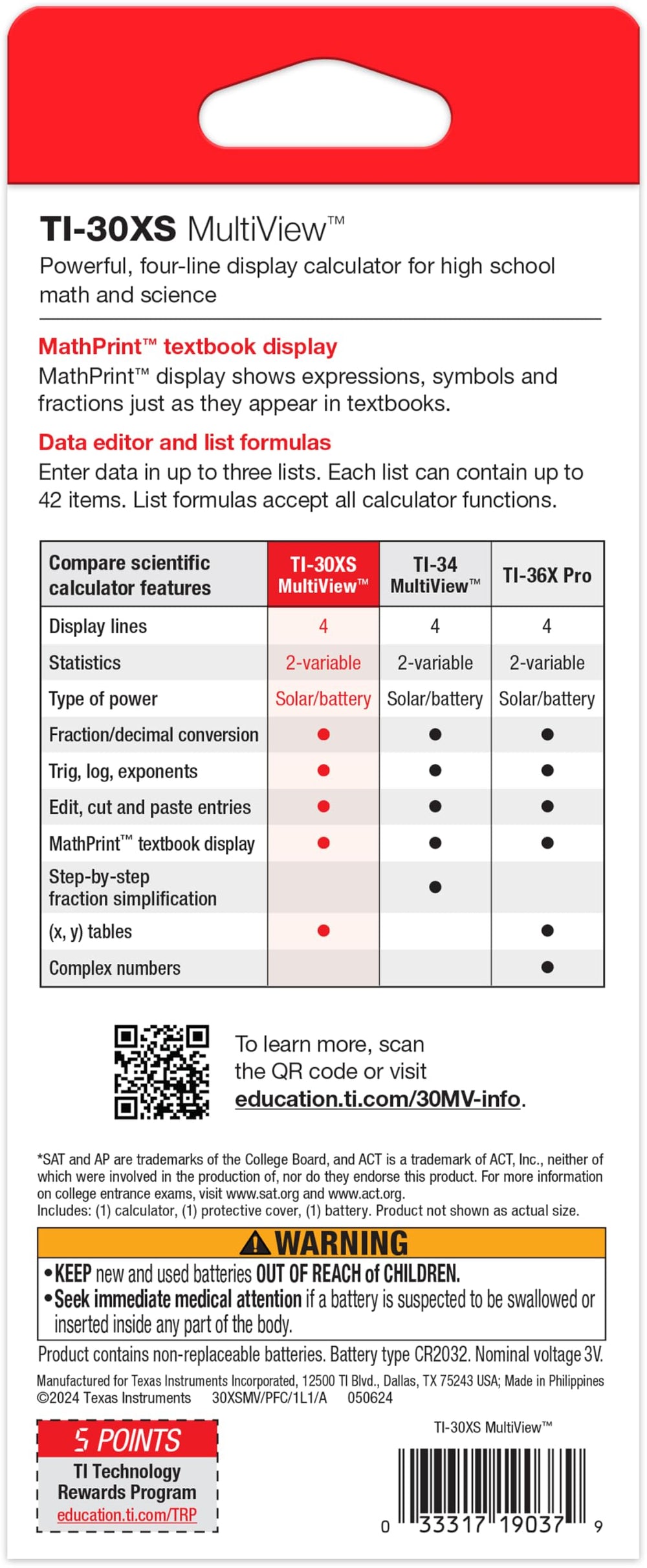 Texas Instruments TI-30XS rear label showing model details and exam-approval information