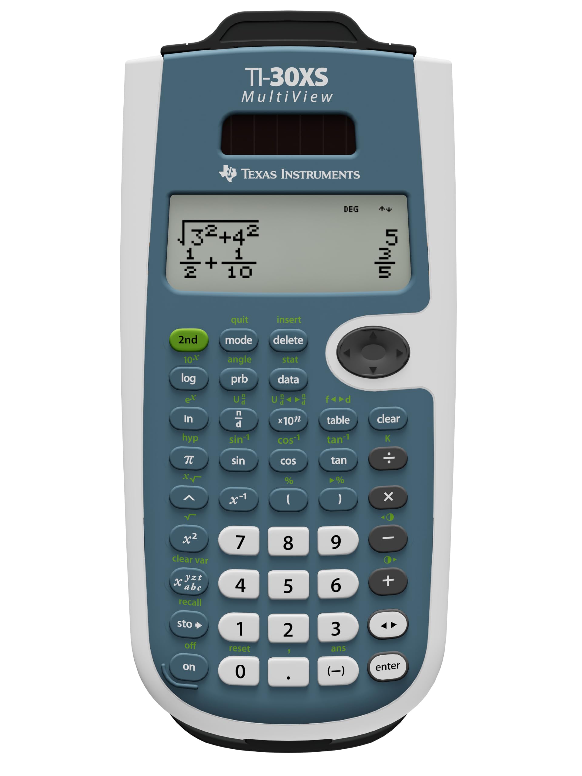 Texas Instruments TI-30XS close-up of MathPrint display showing stacked fractions and exponents