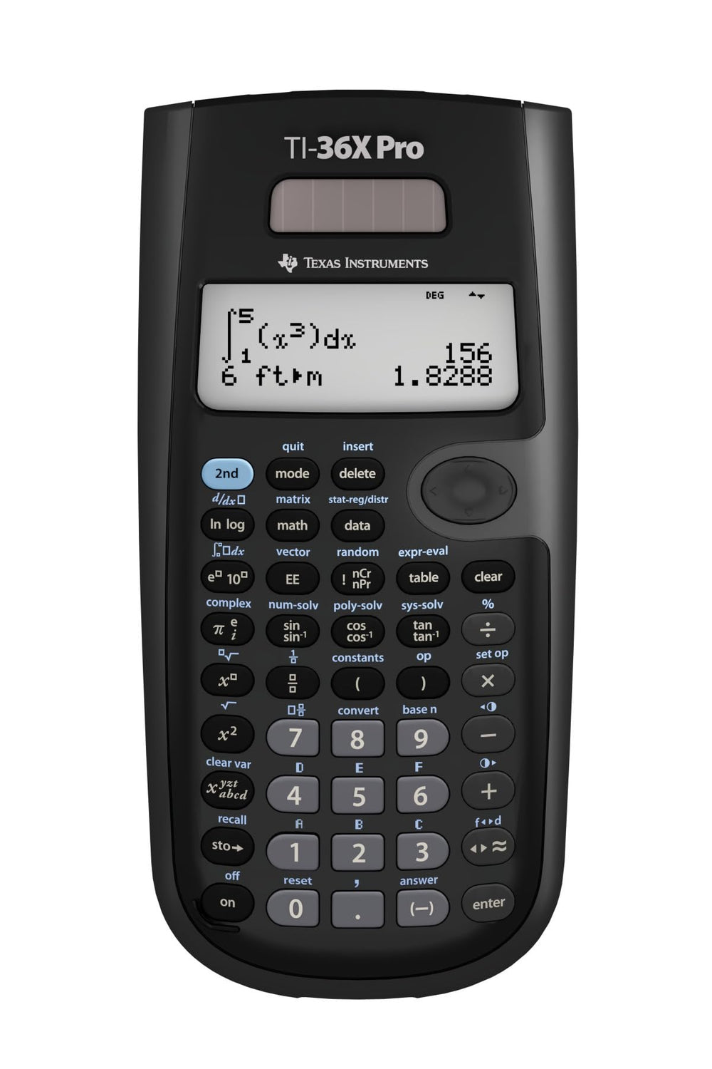 Texas Instruments TI-36X Pro front view showing compact exam-ready calculator and durable case benefit
