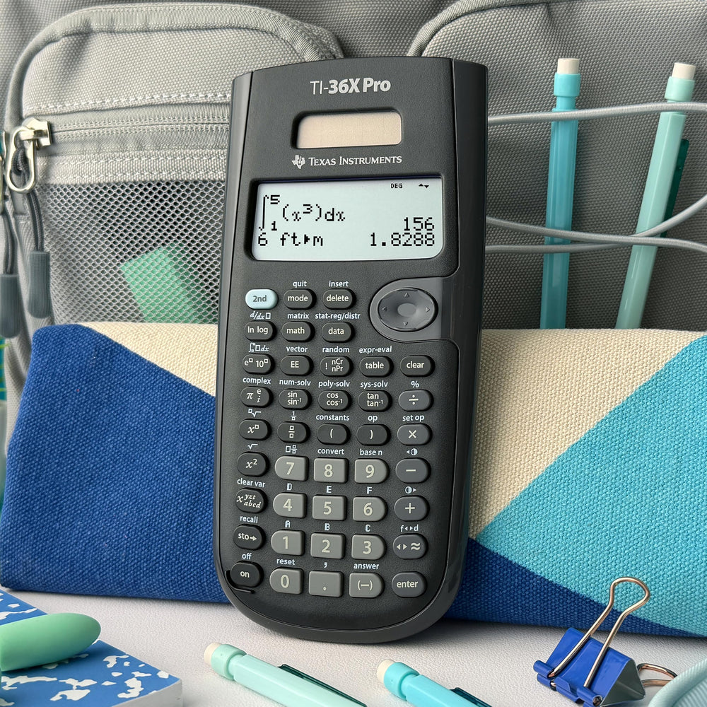 Texas Instruments TI-36X Pro lid label detail showing model info and exam-approval reassurance