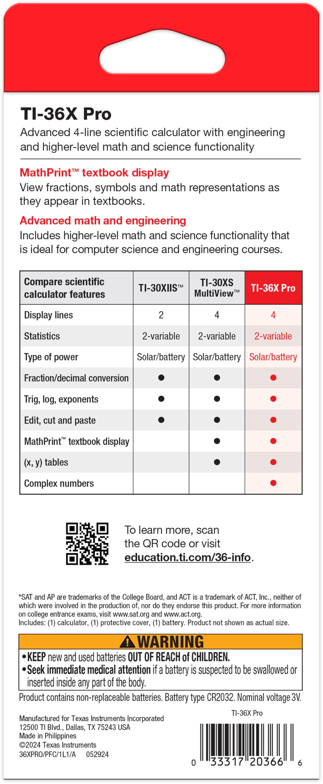 Texas Instruments TI-36X Pro packaging and manual presenting ready-to-use setup and instructions