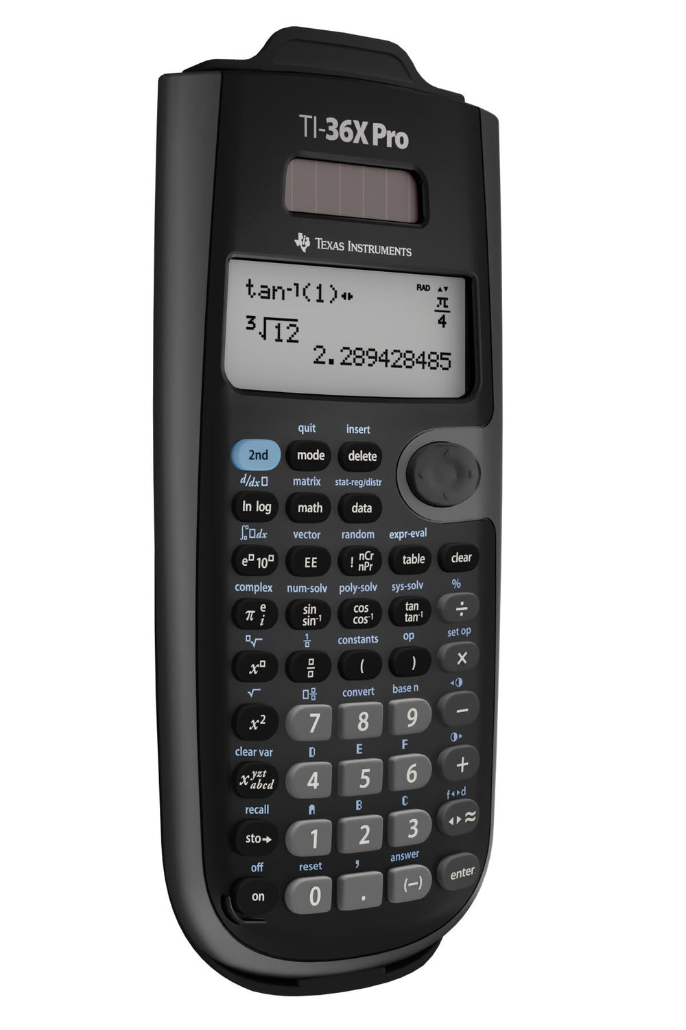 Texas Instruments TI-36X Pro side profile for scale demonstrating slim, portable design