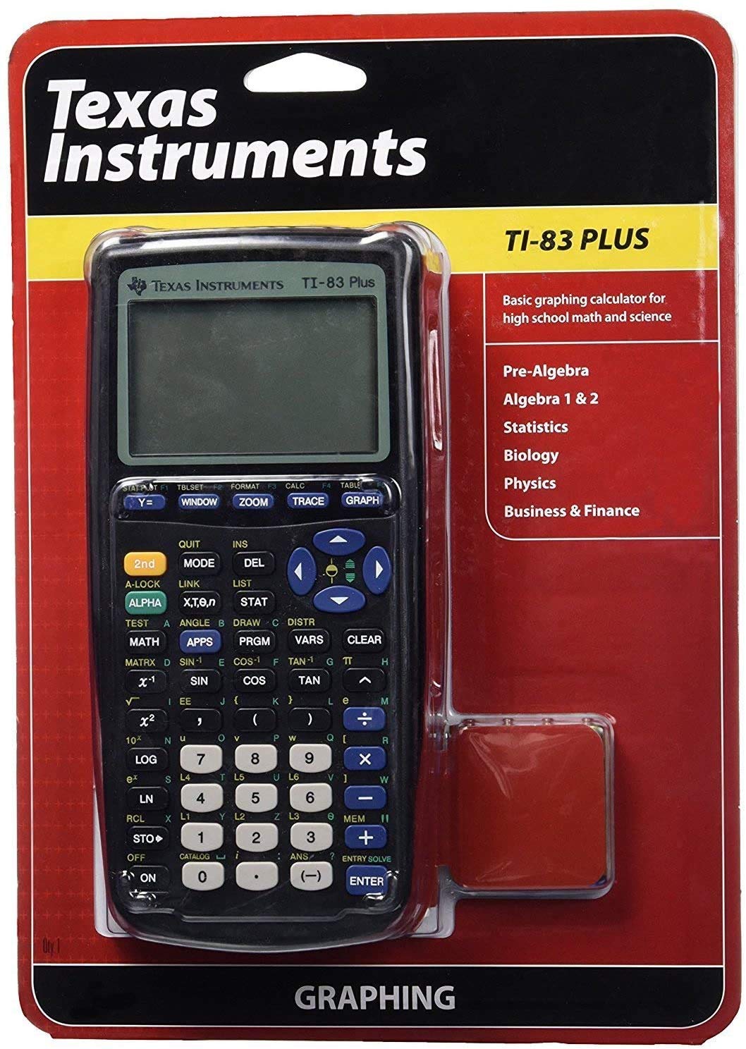 Texas Instruments TI-83 Plus packaging and manual showing included documentation for setup benefit