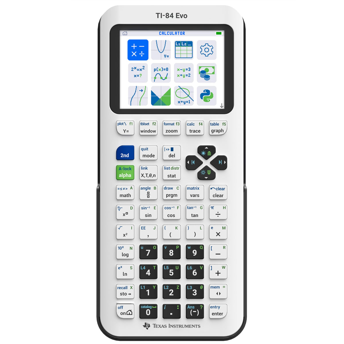 Texas Instruments TI-84 Evo front view showing compact white body and clear display for classroom readiness