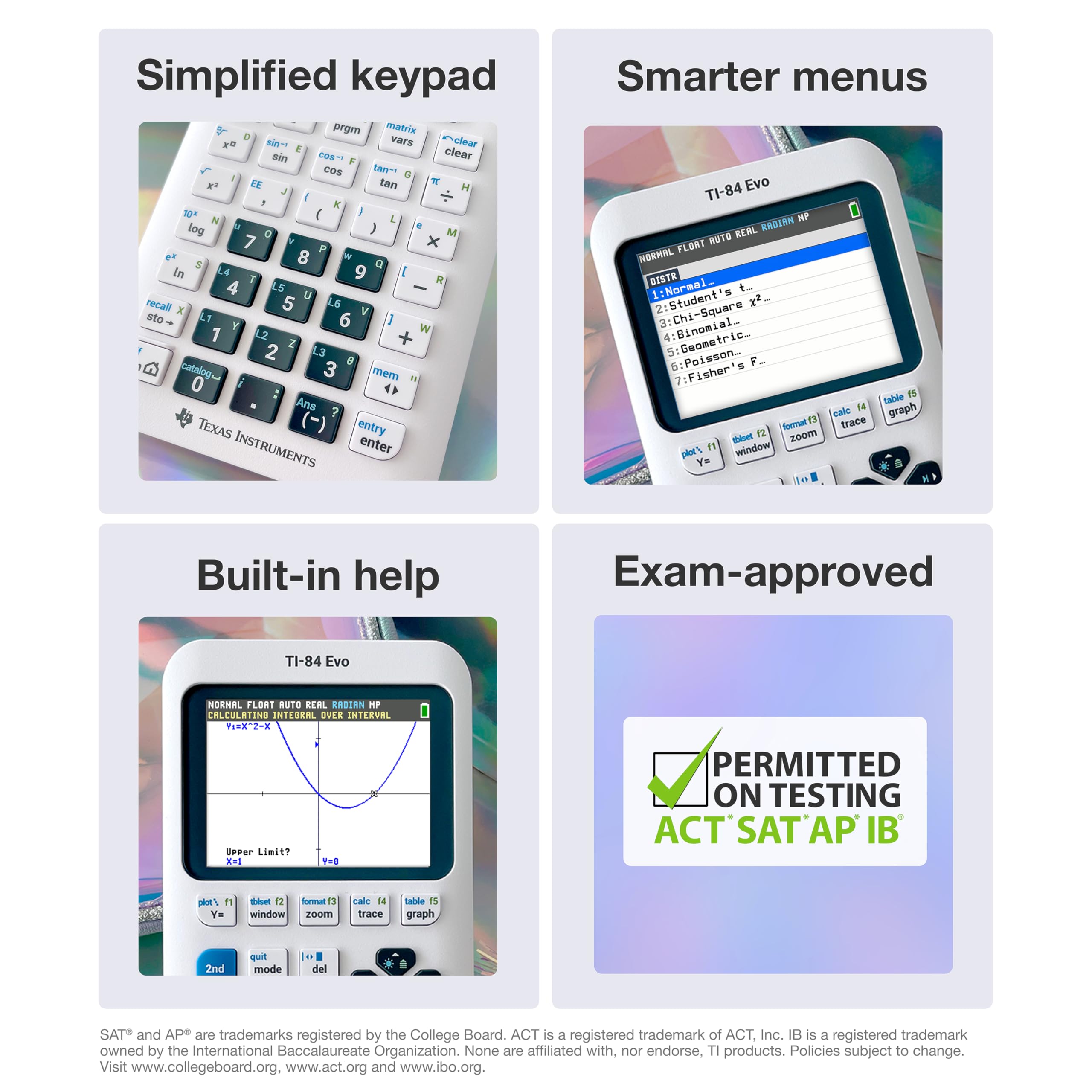 Texas Instruments TI-84 Evo graphing screen comparison showing 50% more graph space benefit