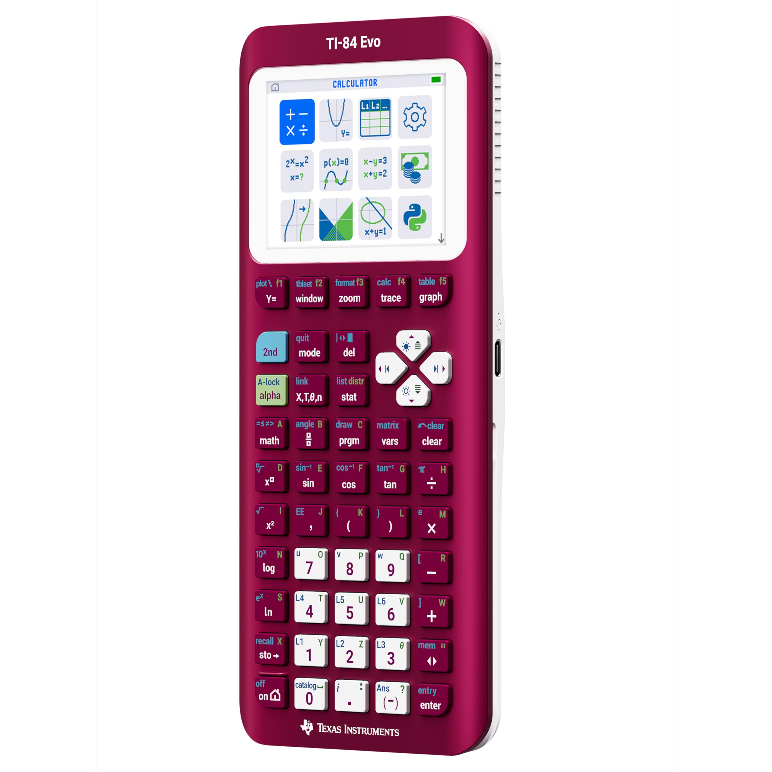 Texas Instruments TI-84 Evo keypad close-up with simplified large buttons for accuracy