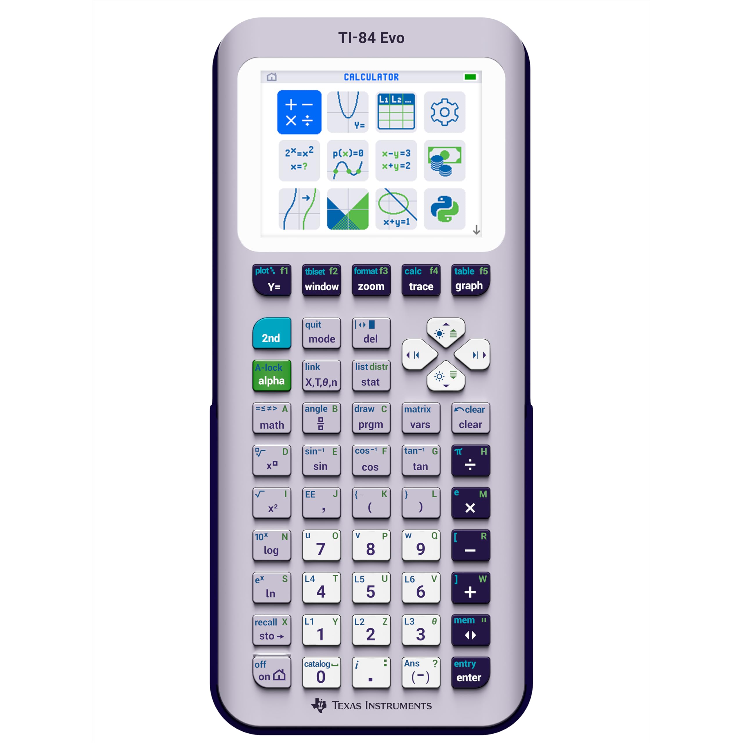 Texas Instruments TI-84 Evo front view showing clear screen and lavender finish, for confident math work