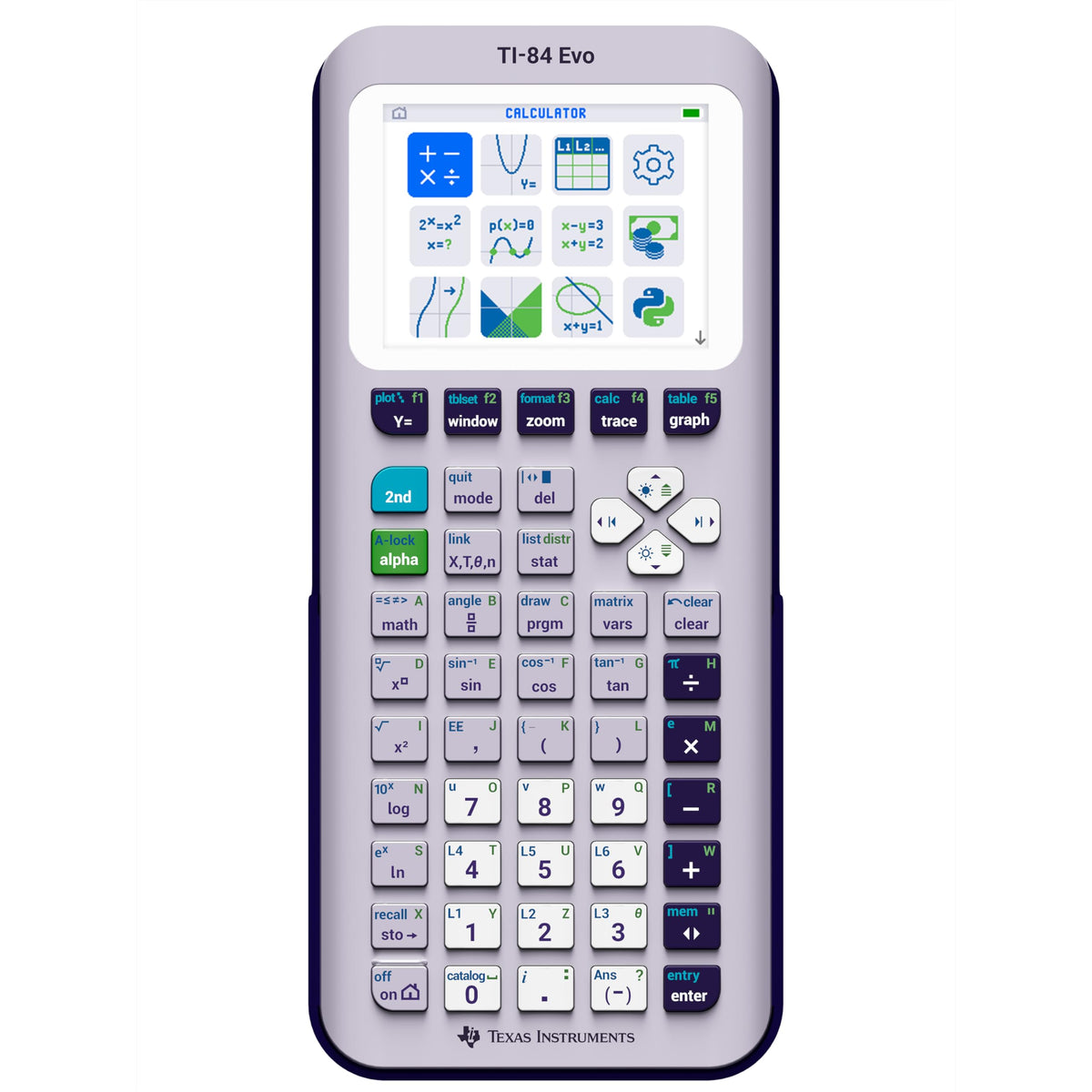 Texas Instruments TI-84 Evo front view showing clear screen and lavender finish, for confident math work
