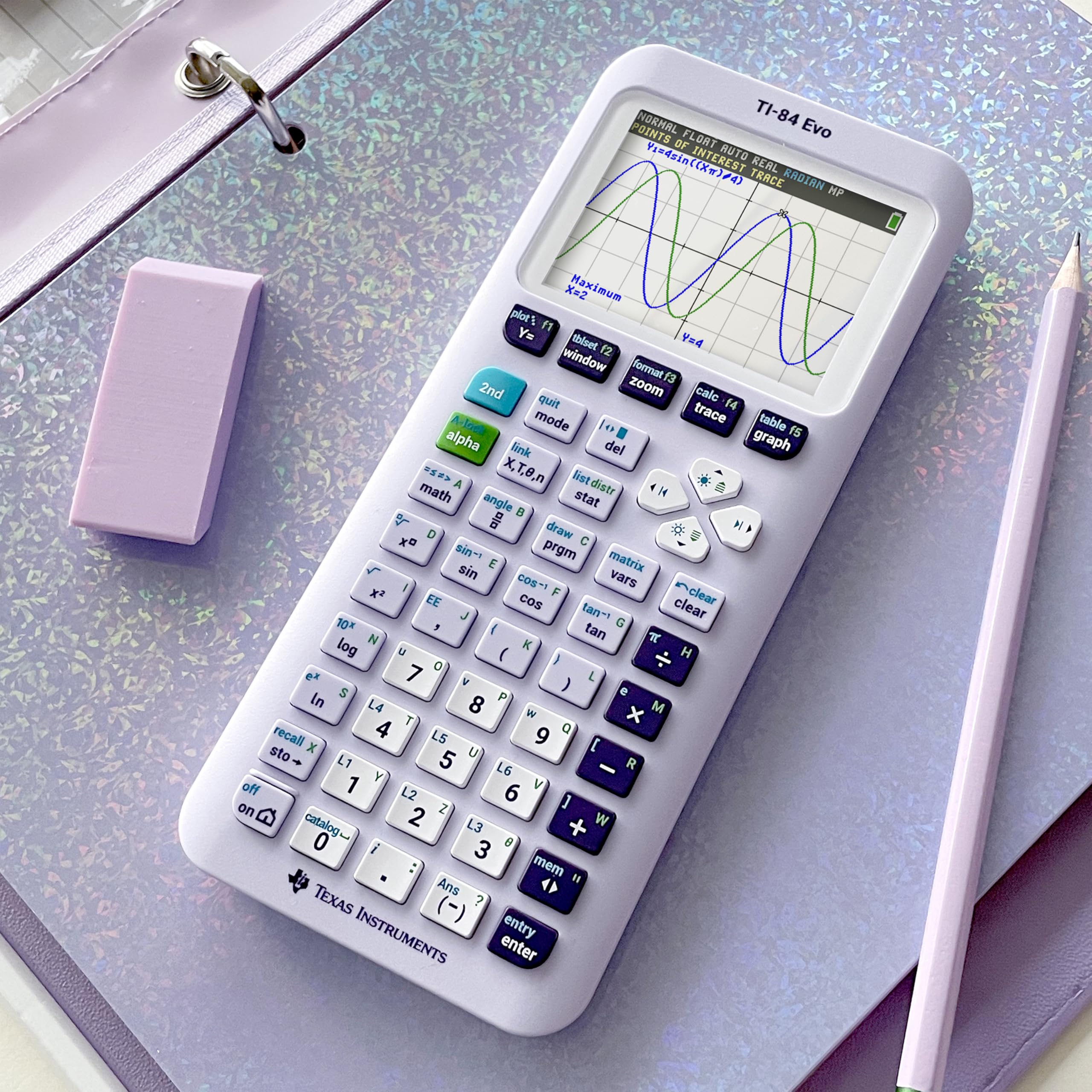 Texas Instruments TI-84 Evo screen showing Python code to support learning programming concepts