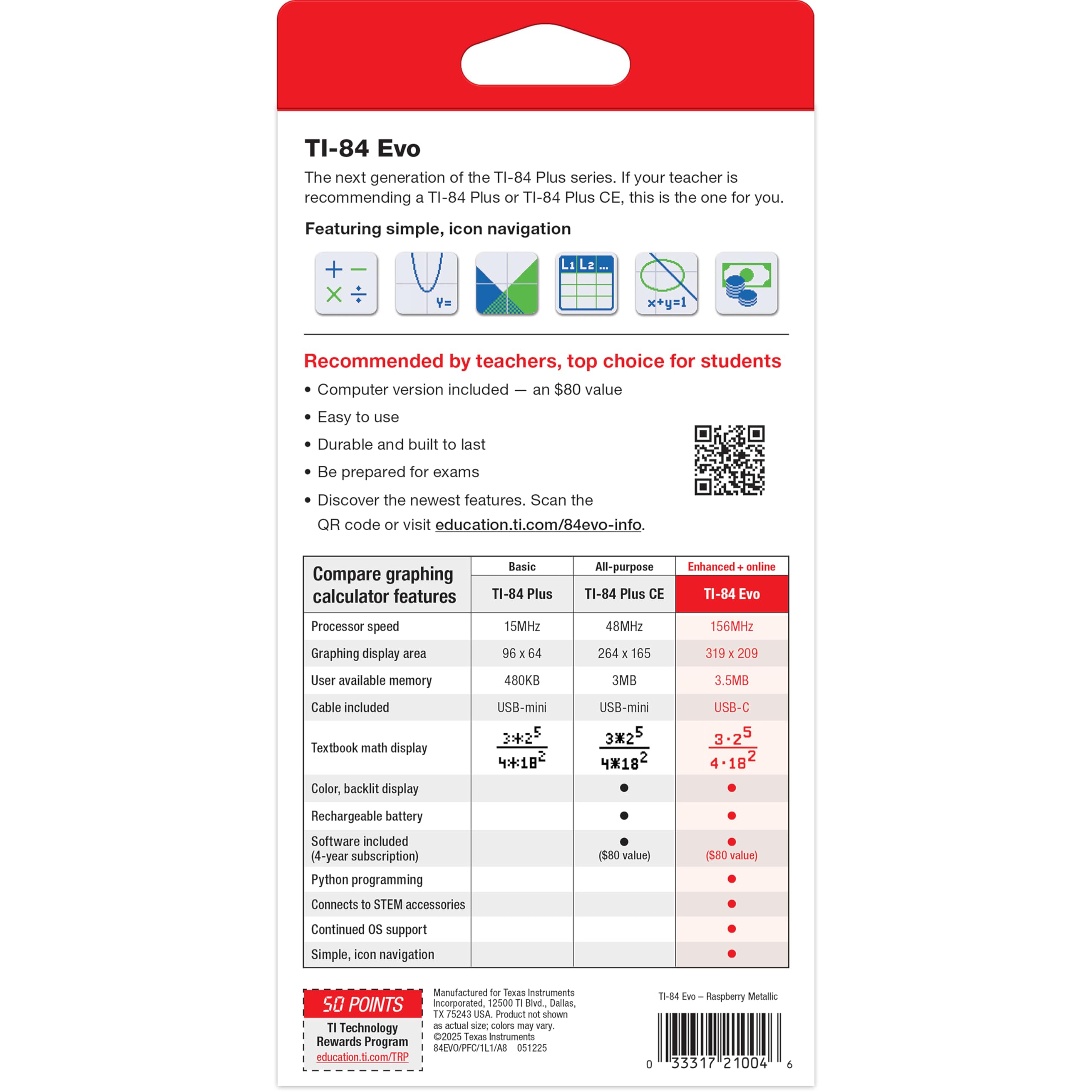 Texas Instruments TI-84 Evo retail packaging and included four-year online subscription