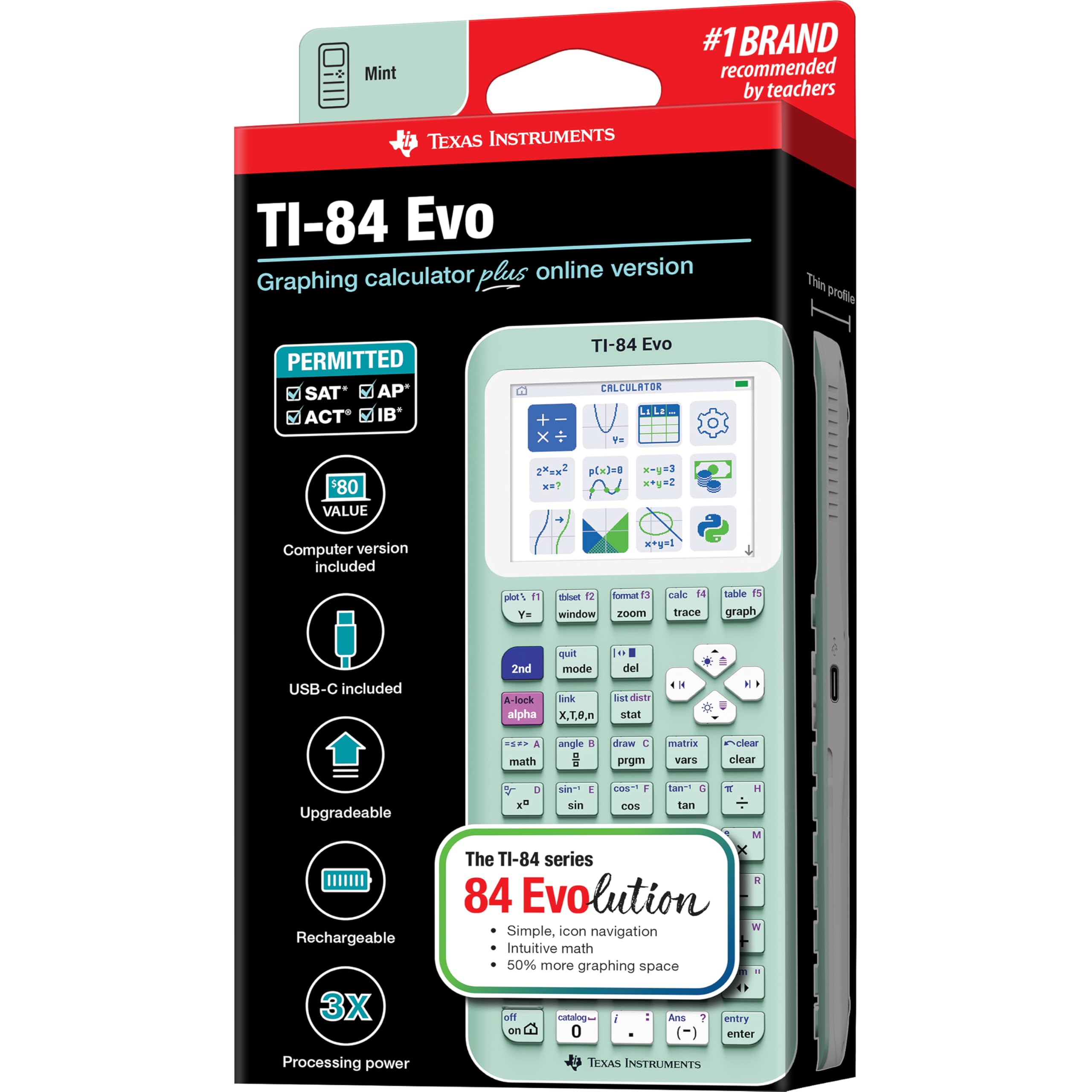 Texas Instruments TI-84 Evo retail packaging showing included accessories and subscription