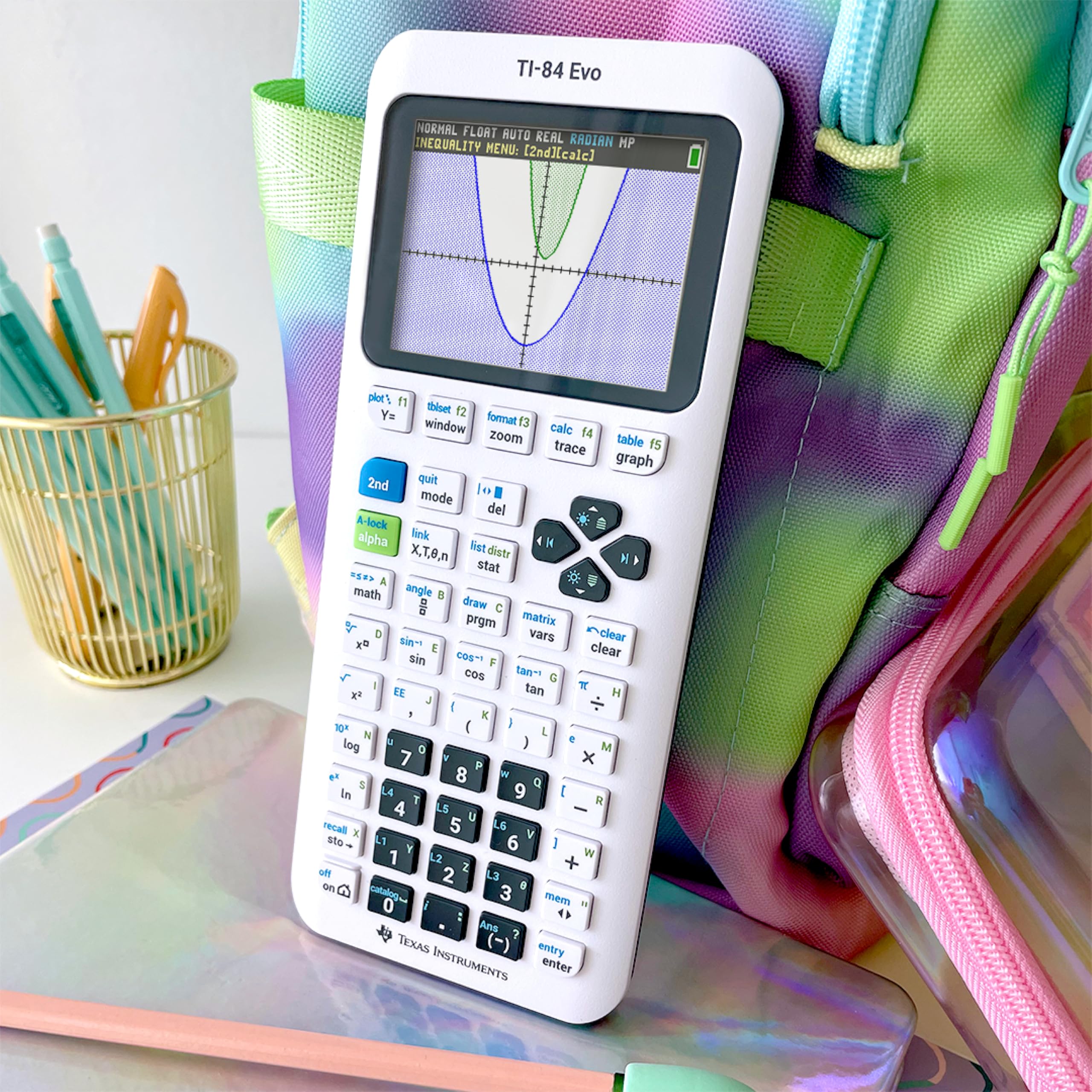 Texas Instruments TI-84 Evo showing Python code on screen enabling beginner programming practice
