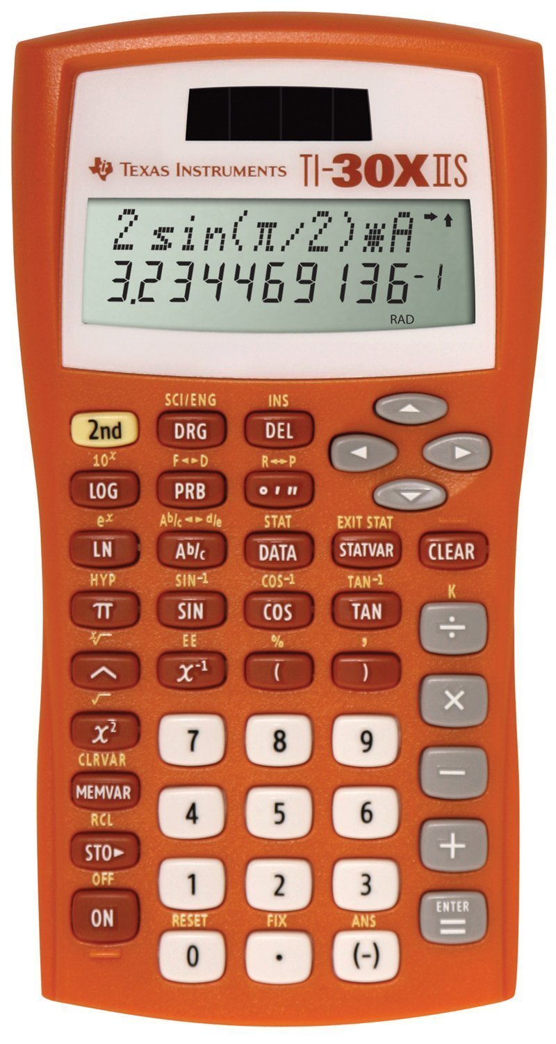 Texas Instruments TI-30XIIS front view showing display and orange case for easy visibility