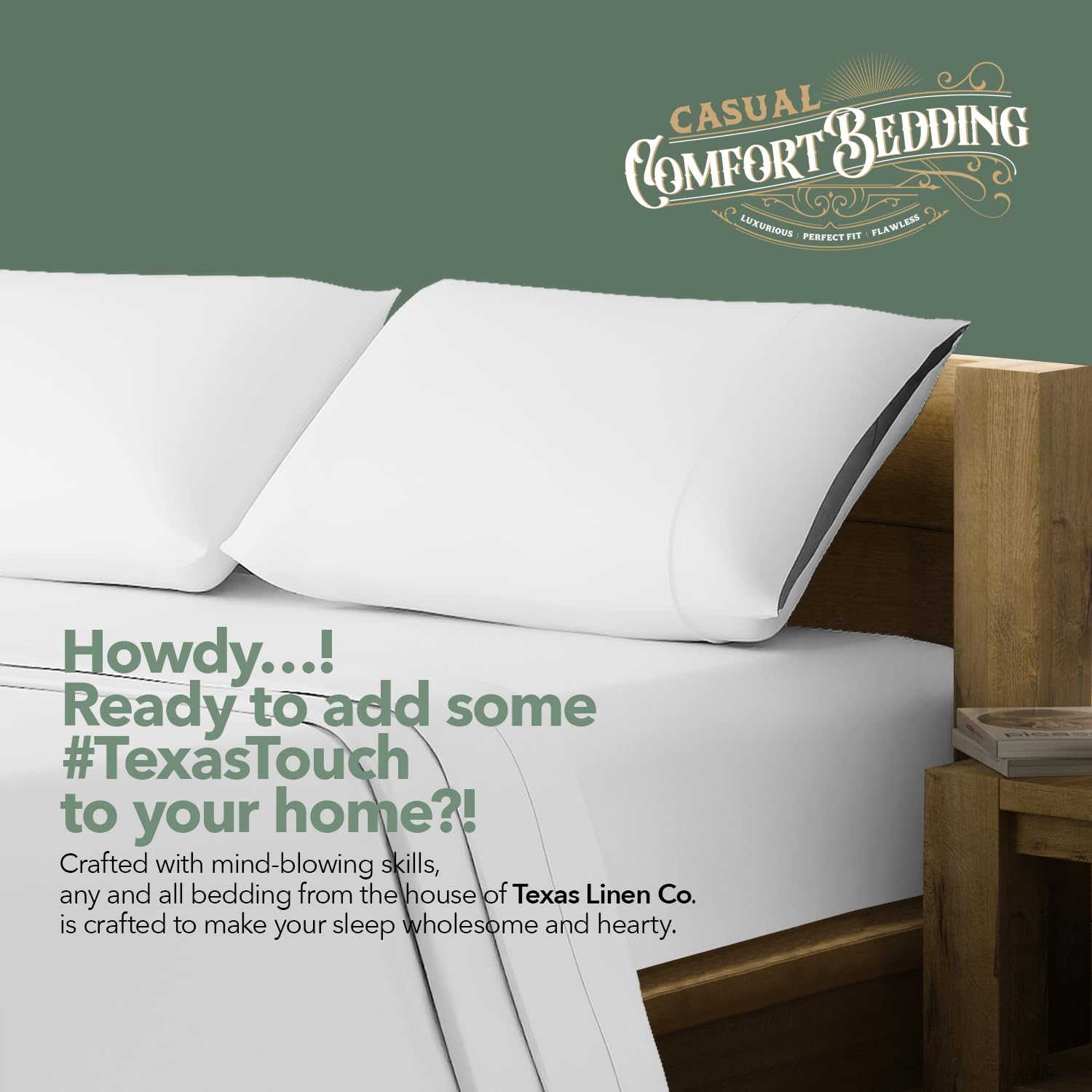 TEXAS LINEN CO. made-up corner of bed highlighting hotel-style crispness