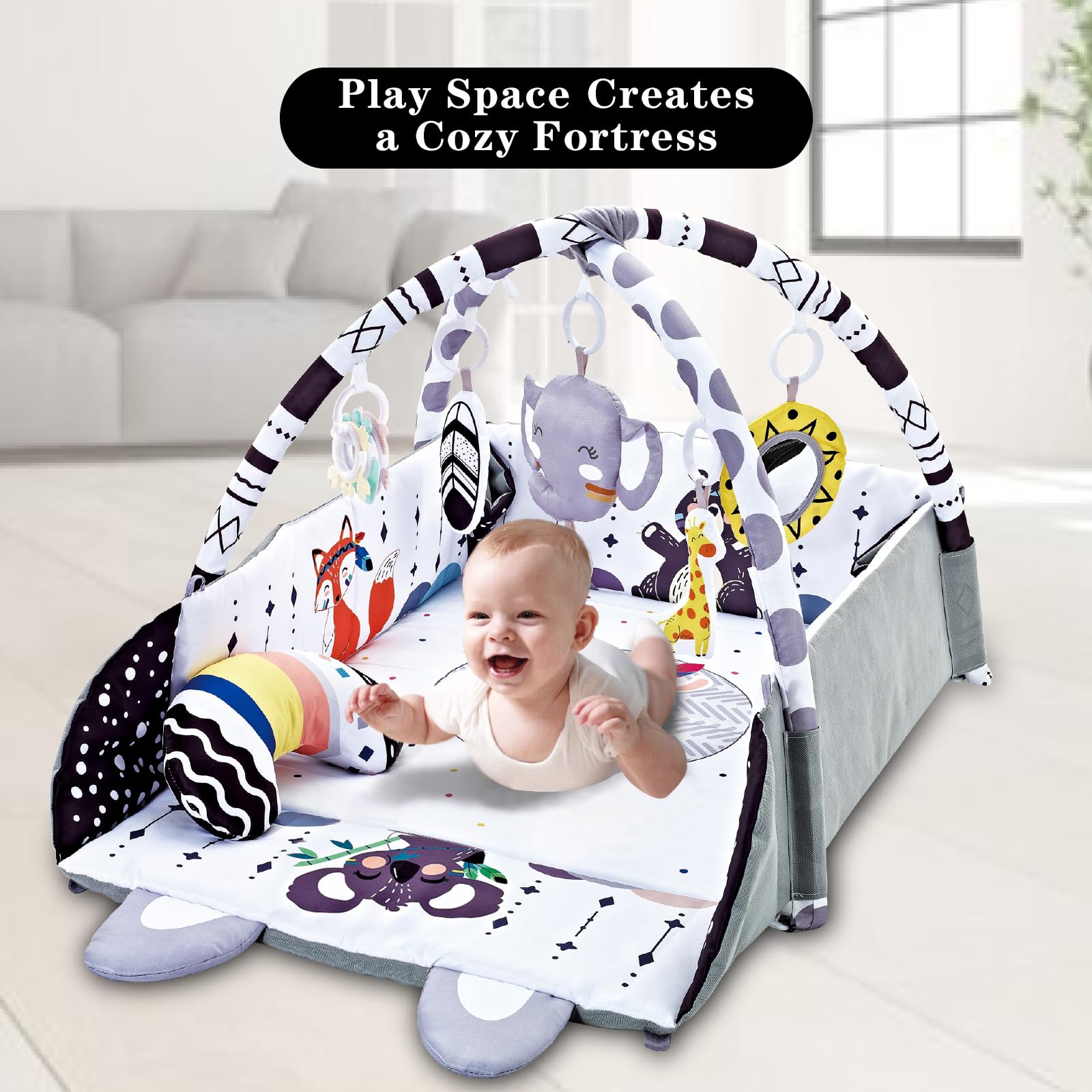 TFDER baby using mat for tummy time with pillow to strengthen neck and encourage exploration