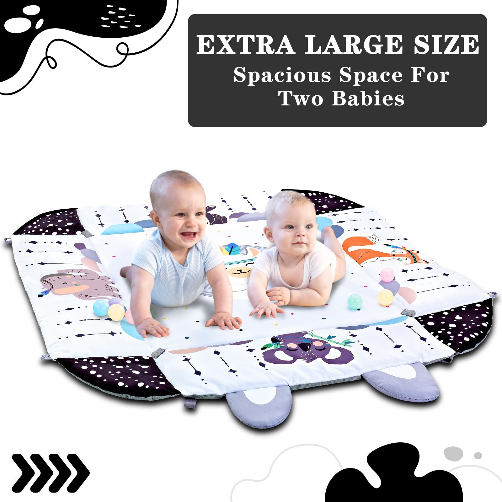 TFDER play mat beside a standard plush toy showing scale for ample baby play area