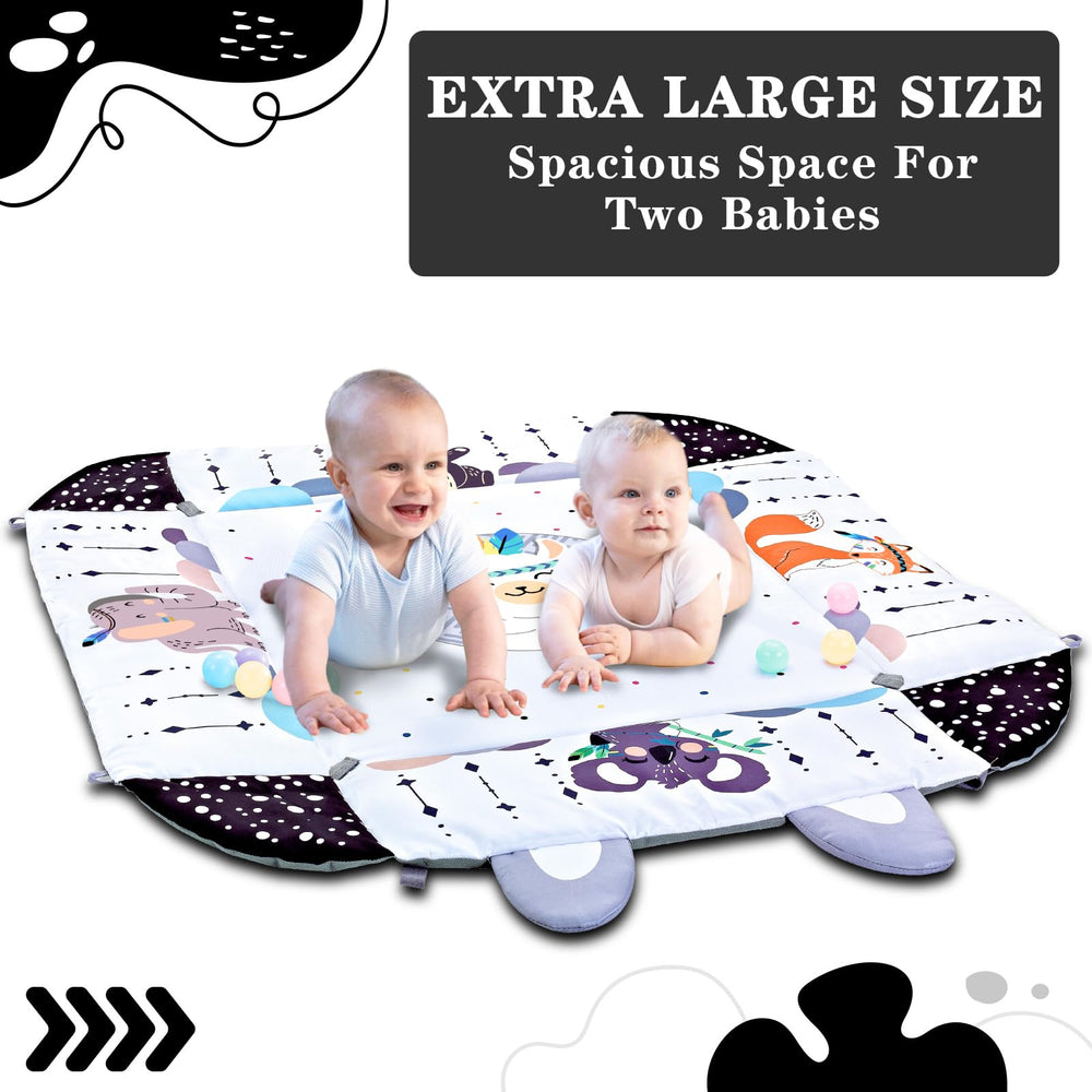 TFDER play mat beside a standard plush toy showing scale for ample baby play area