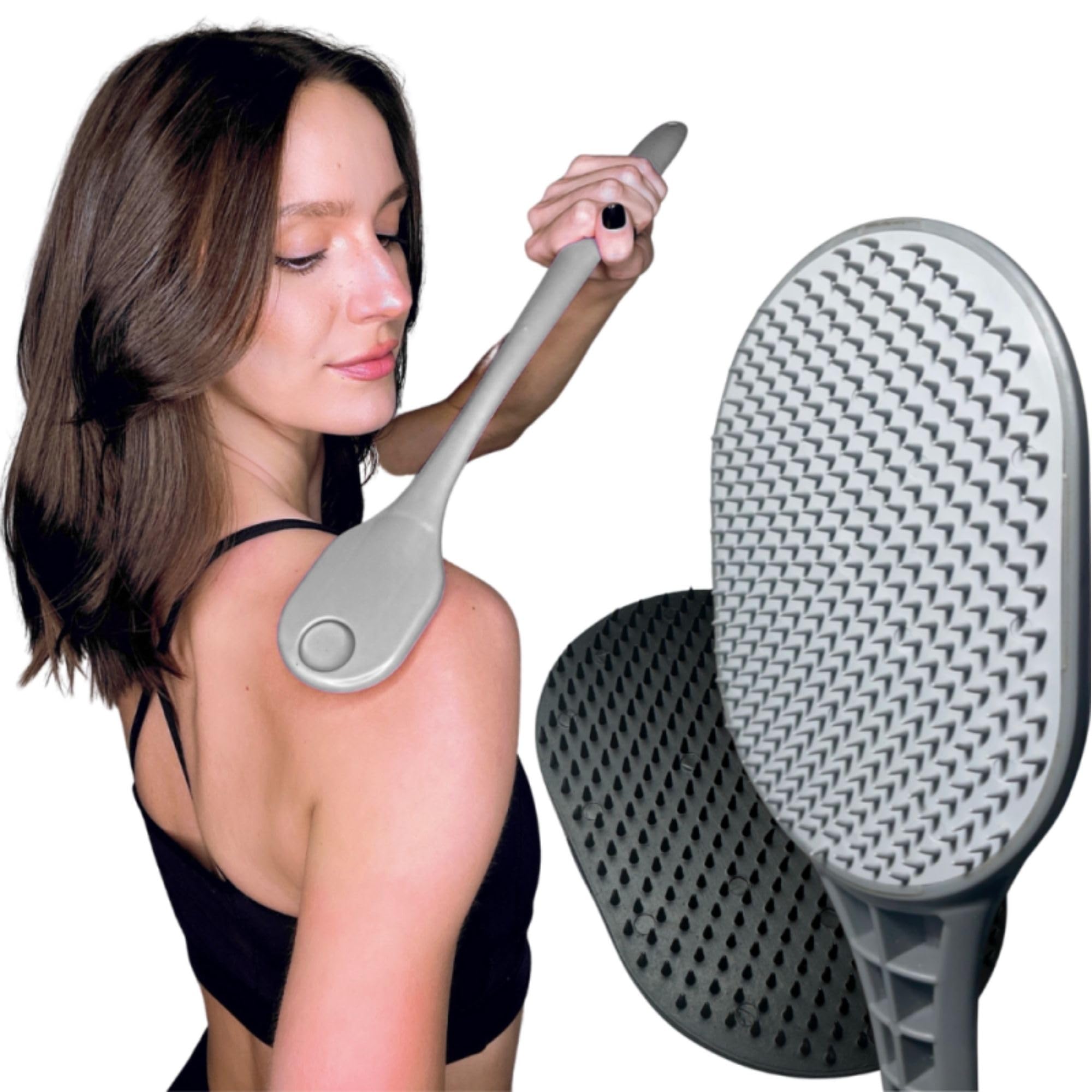 The Body Scratcher front view showing dual heads and long handle for easy reach