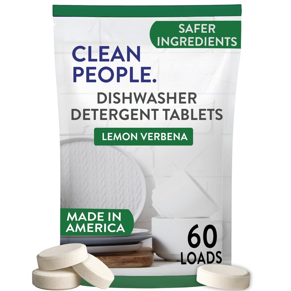 THE CLEAN PEOPLE front packaging showing 60 plastic-free dishwasher tablets and clear benefits