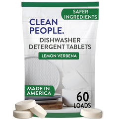THE CLEAN PEOPLE front packaging showing 60 plastic-free dishwasher tablets and clear benefits