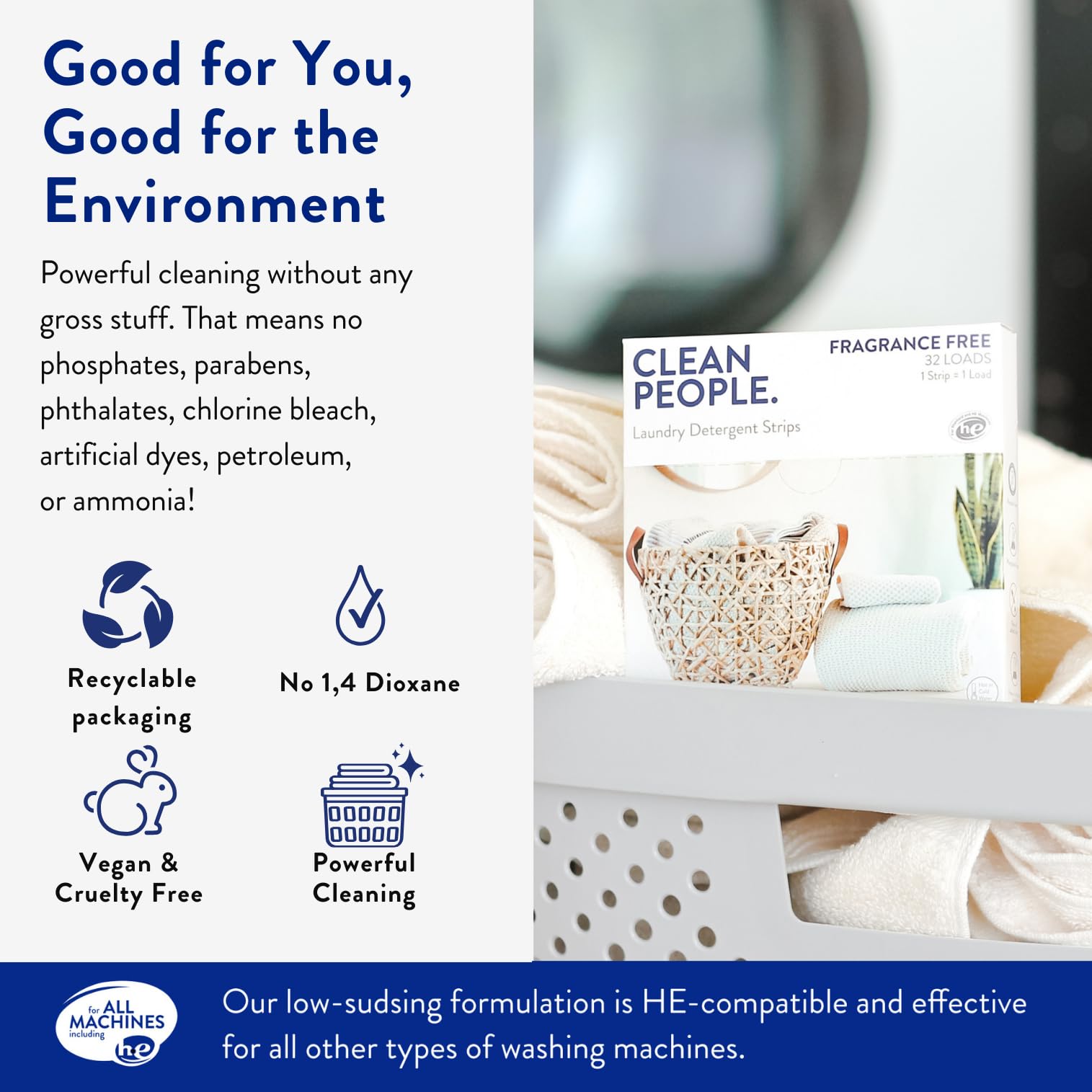 THE CLEAN PEOPLE sheet beside a washing machine illustrating HE compatibility