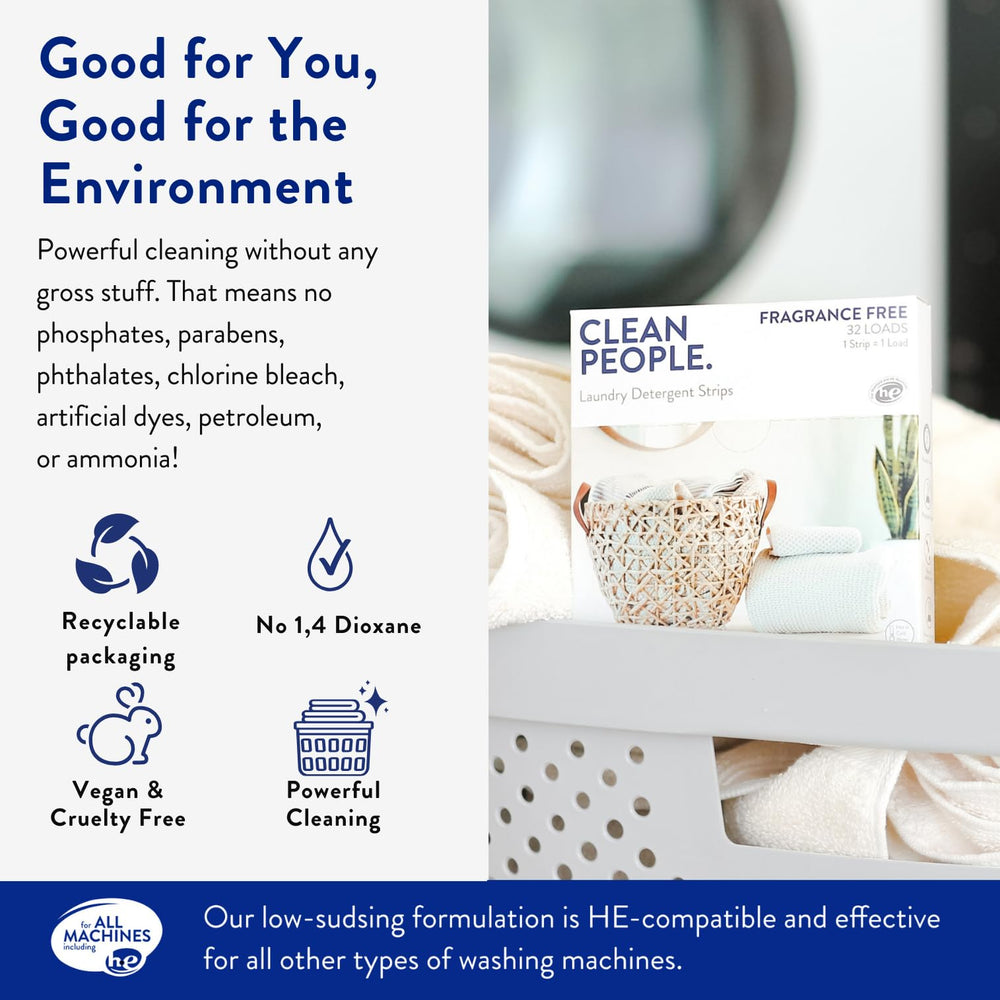 THE CLEAN PEOPLE sheet beside a washing machine illustrating HE compatibility