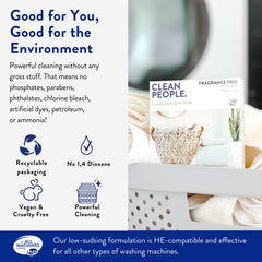 THE CLEAN PEOPLE sheet beside a washing machine illustrating HE compatibility