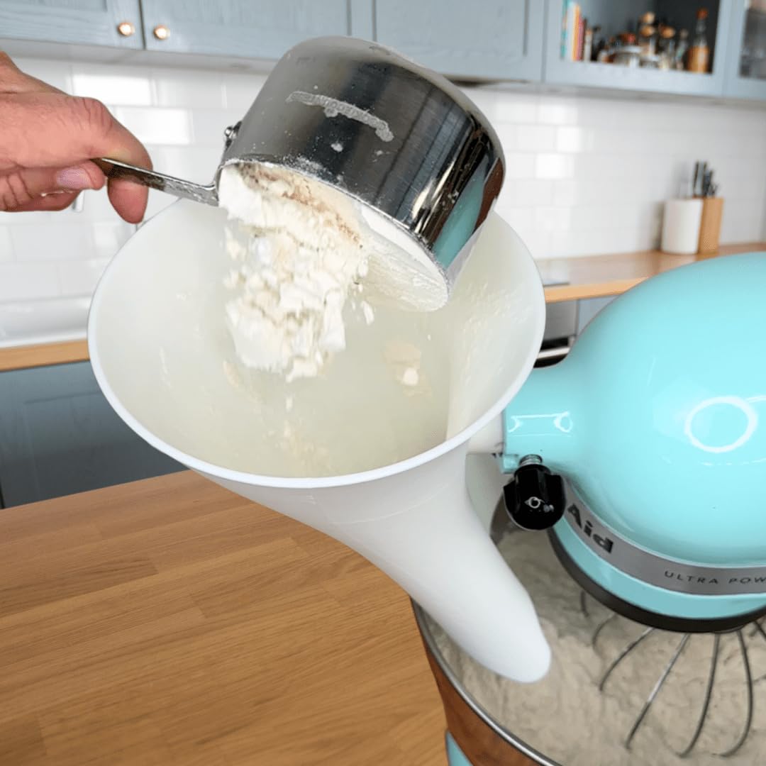 The Cookie Countess funnel attached to stand mixer enabling hands-free ingredient addition benefit