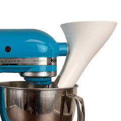 The Cookie Countess front view of white flour funnel shows clean design and easy attachment benefit