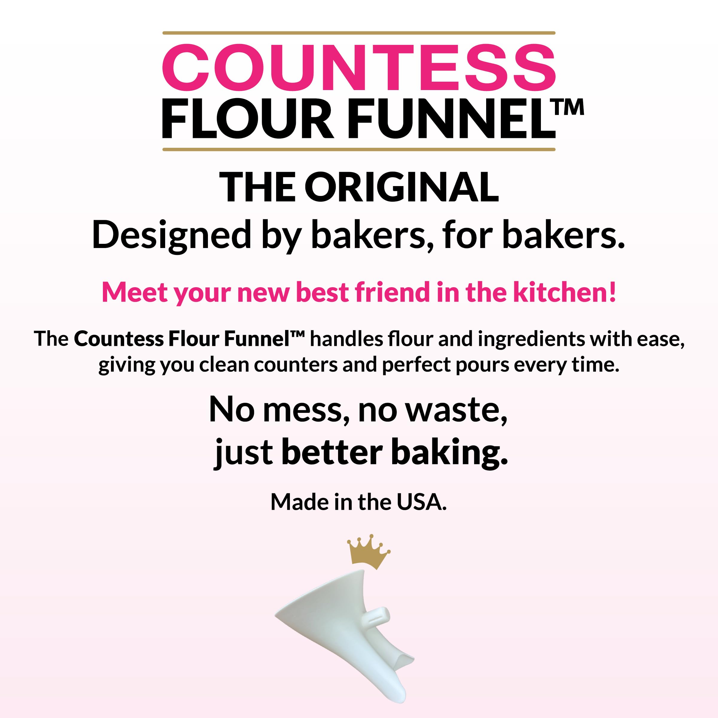 The Cookie Countess pouring flour through funnel into bowl showing less mess and continuous mixing benefit