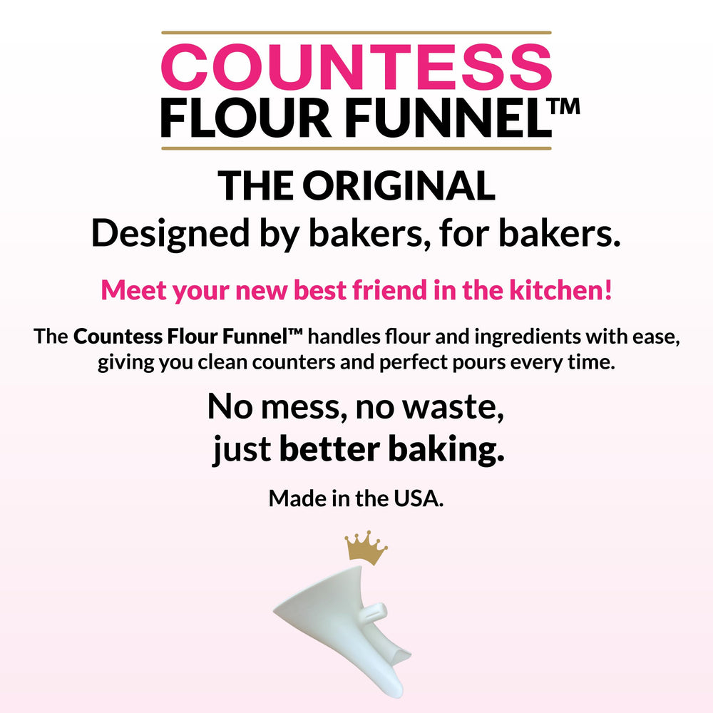 The Cookie Countess pouring flour through funnel into bowl showing less mess and continuous mixing benefit