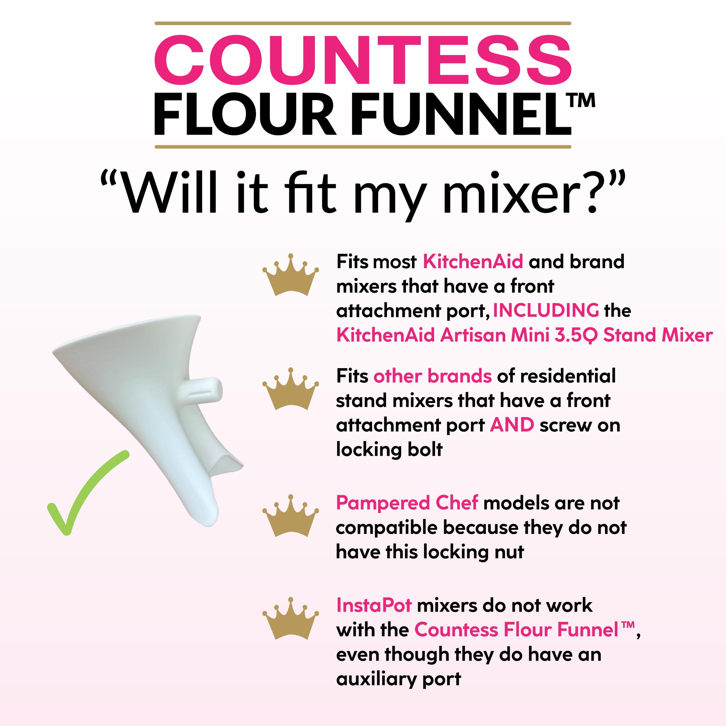 The Cookie Countess funnel beside measuring spoons demonstrating compact size and storage benefit