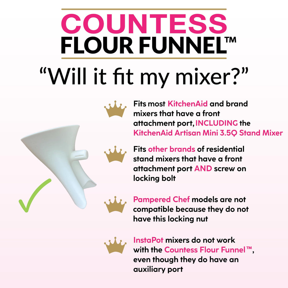 The Cookie Countess funnel beside measuring spoons demonstrating compact size and storage benefit