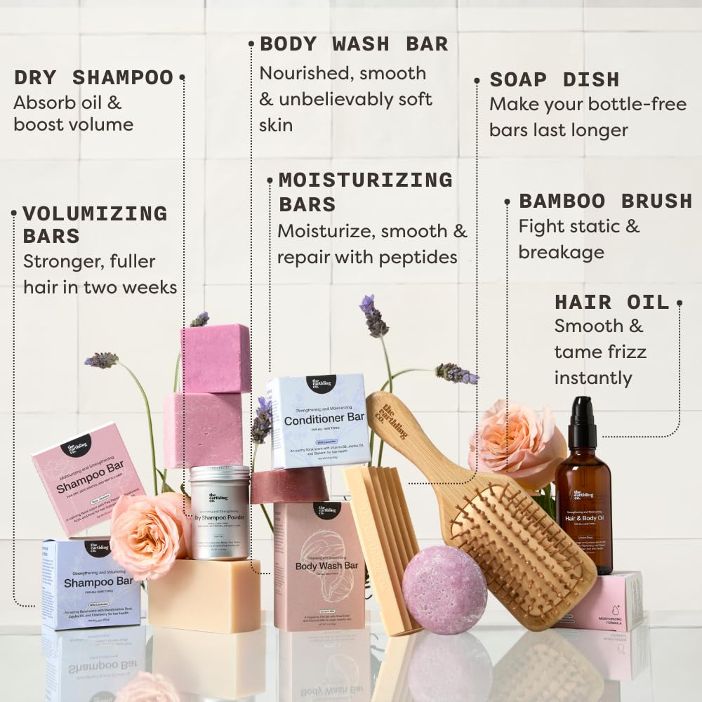 The Earthling Co. bars on a bathroom shelf styled for eco-conscious lifestyle appeal