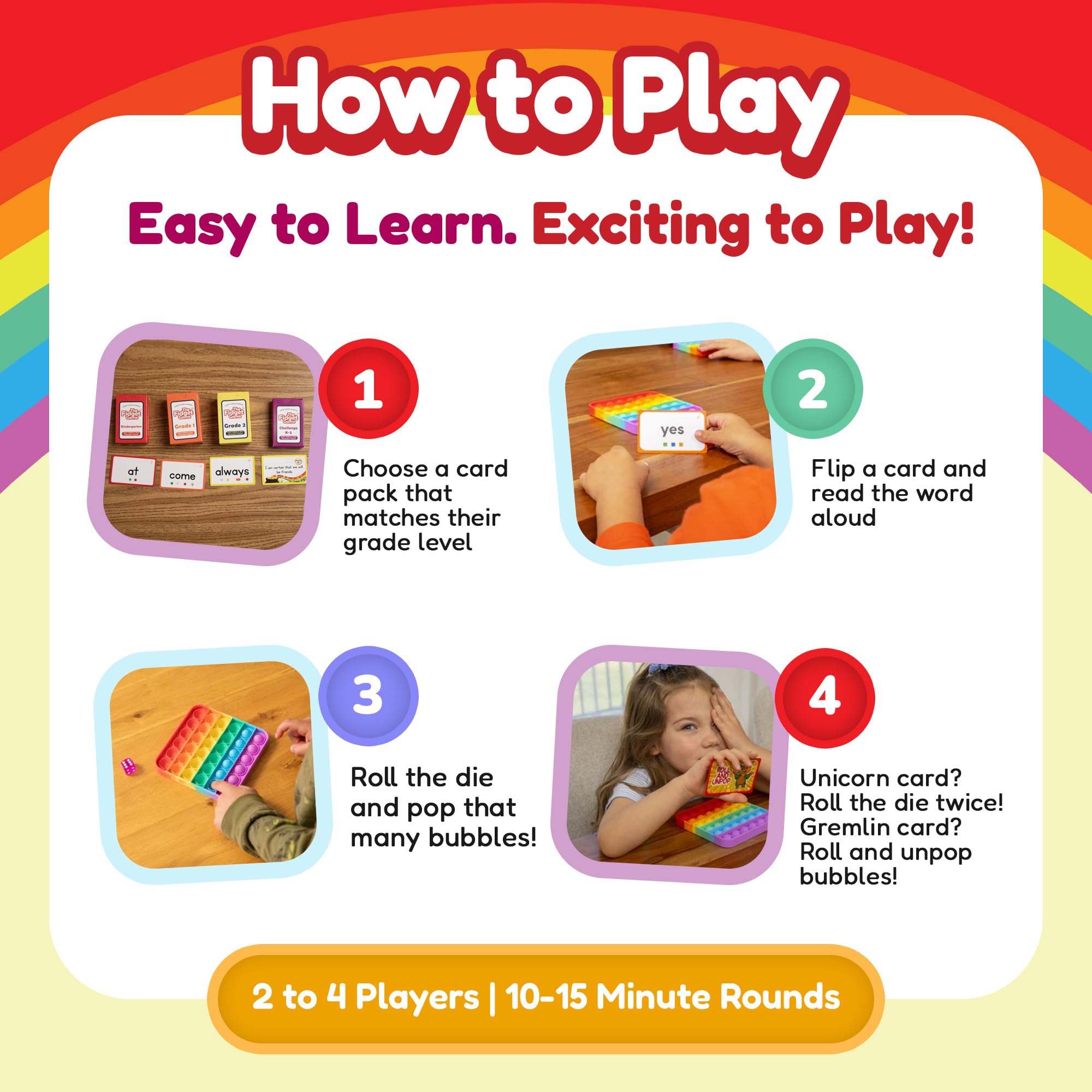 The Fidget Game flashcards spread showing organized sight words