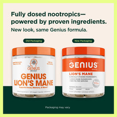 The Genius Brand powder texture close-up showing natural mushroom extract quality