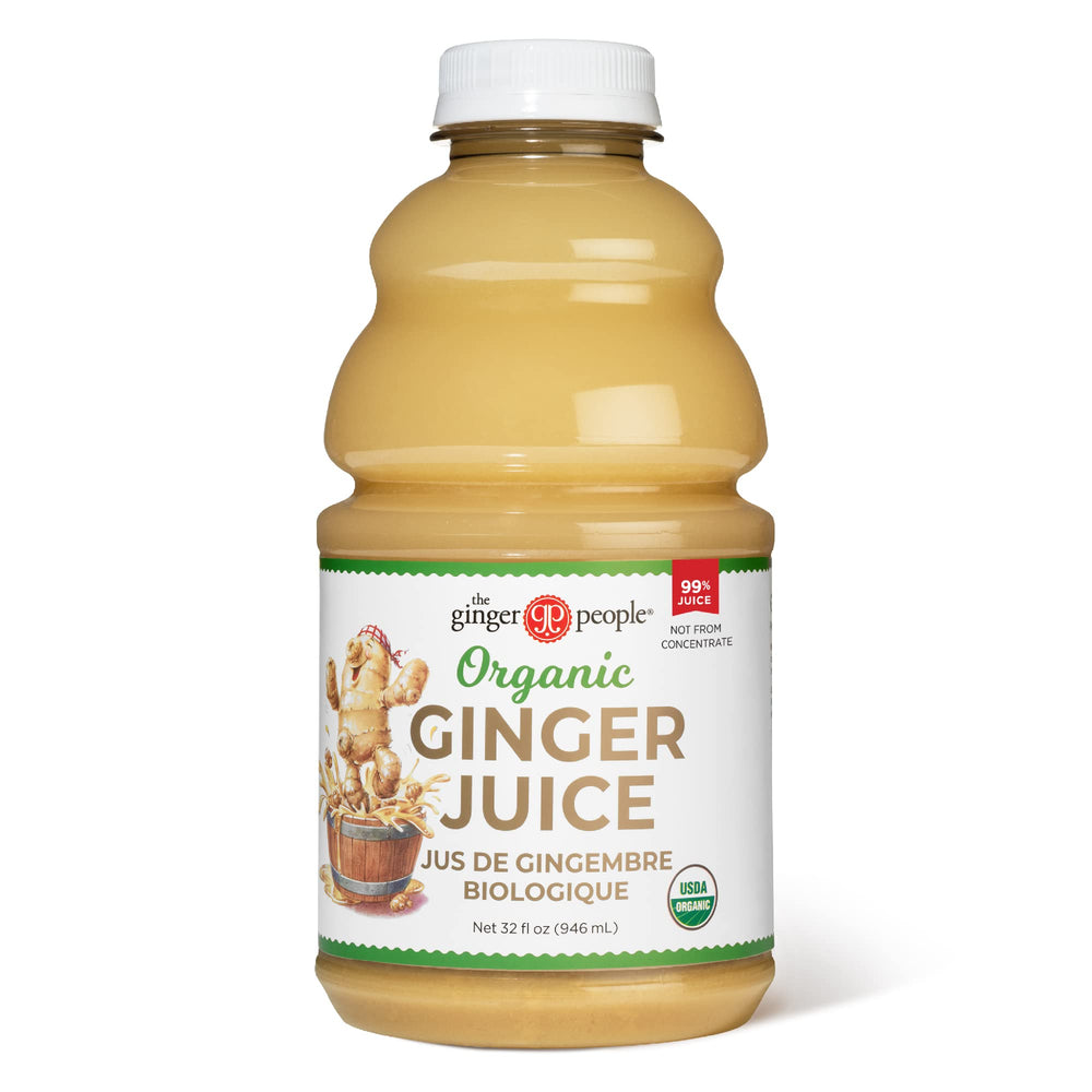 The Ginger People front label showing 32 fl oz bottle and organic badge for clear identification and trust